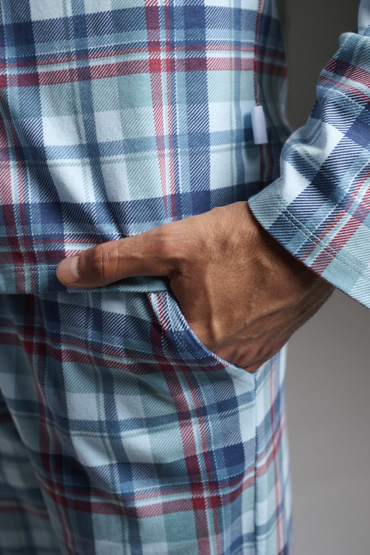 Men's long checked cotton shirt-style pyjamas