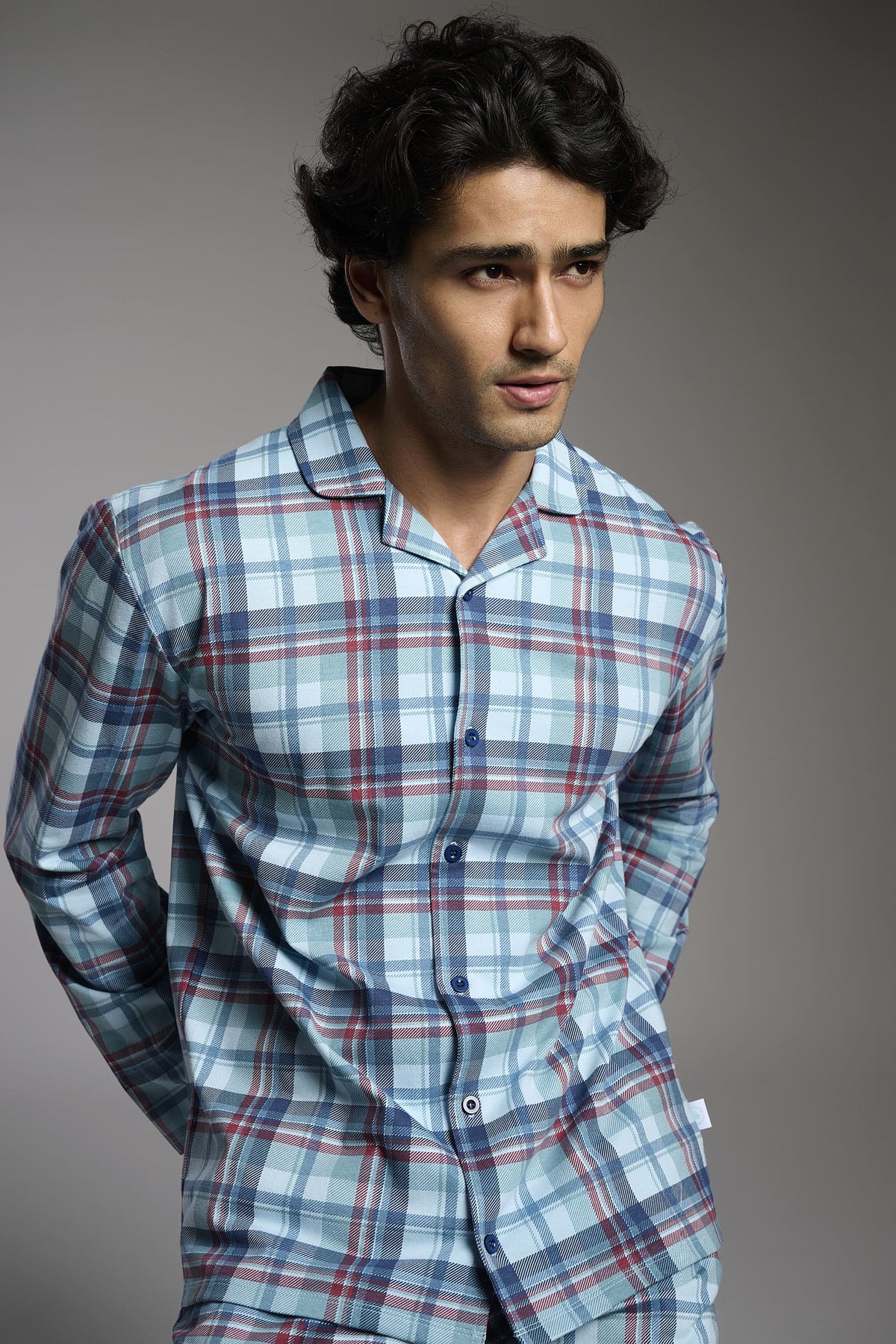 Men's long checked cotton shirt-style pyjamas