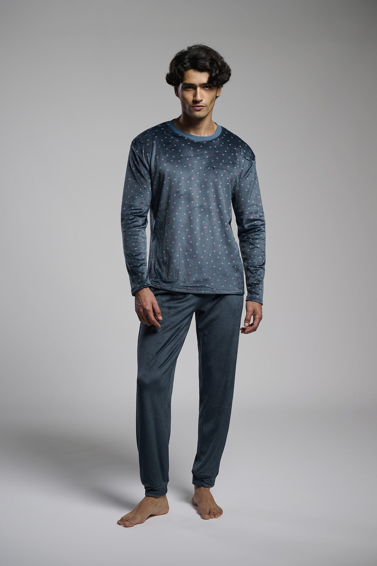 Men's long velvet square-print pyjamas