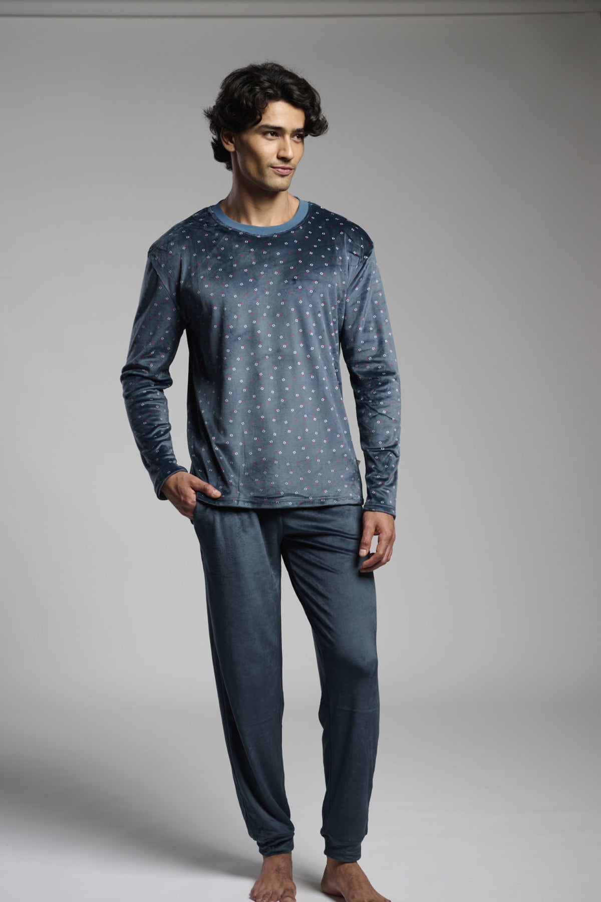 Men's long velvet square-print pyjamas