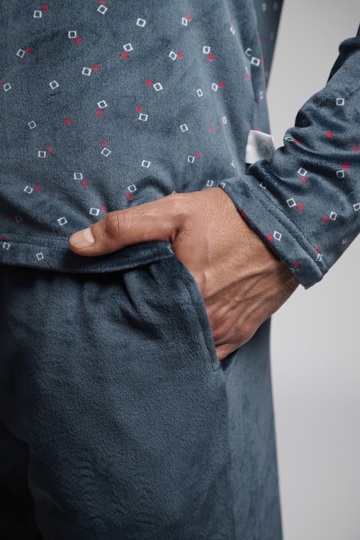 Men's long velvet square-print pyjamas