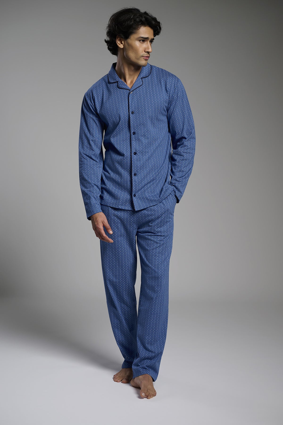 Men's long cotton printed shirt-style pyjamas