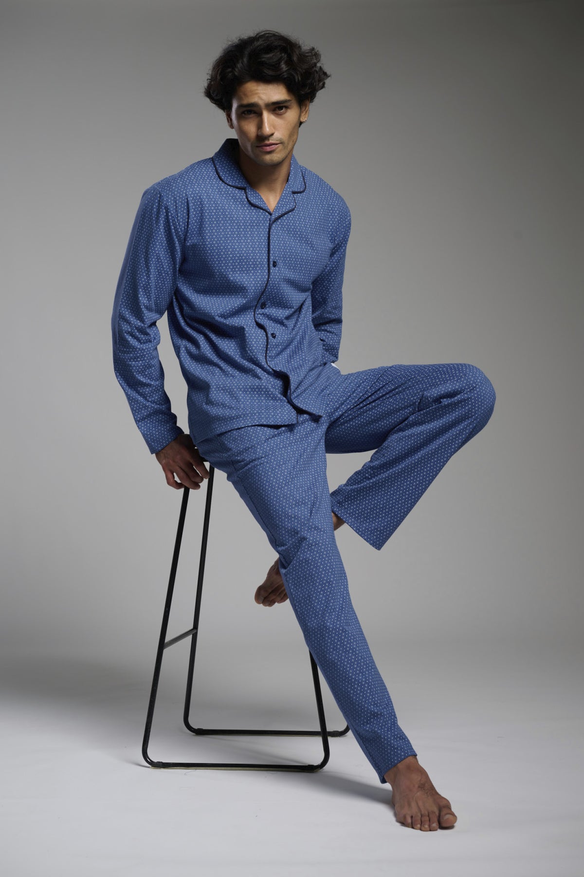 Men's long cotton printed shirt-style pyjamas