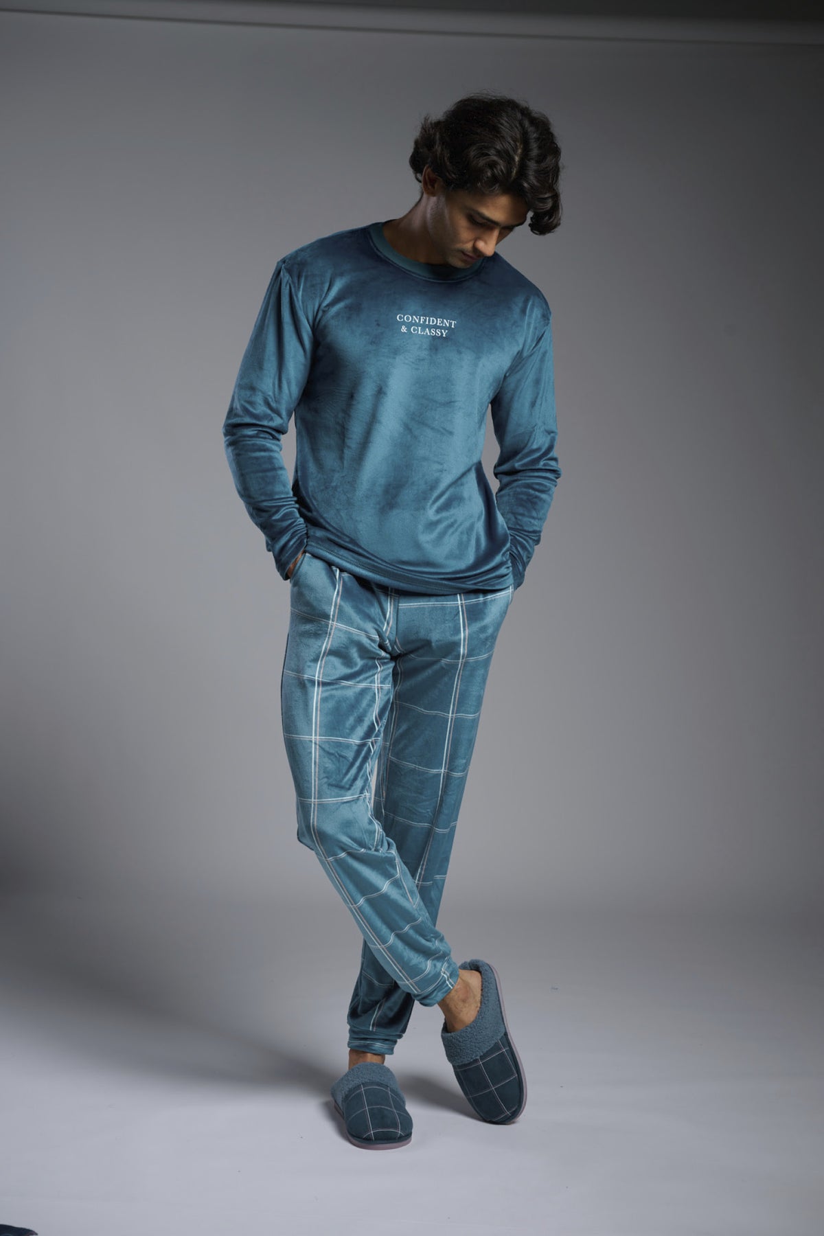 Men's long velvet Confident & Classy checked pyjamas