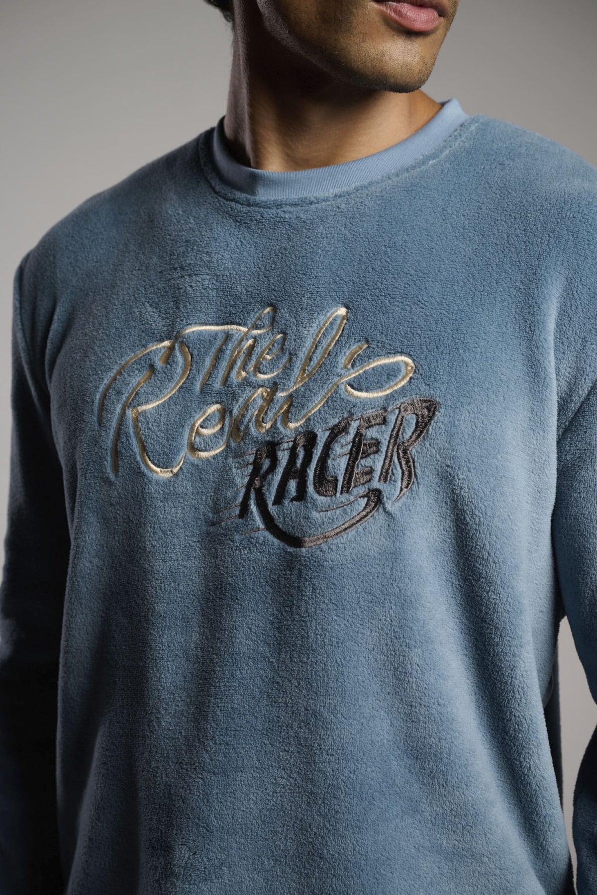 Men's long blue and grey coral fleece The Real Racer pyjamas