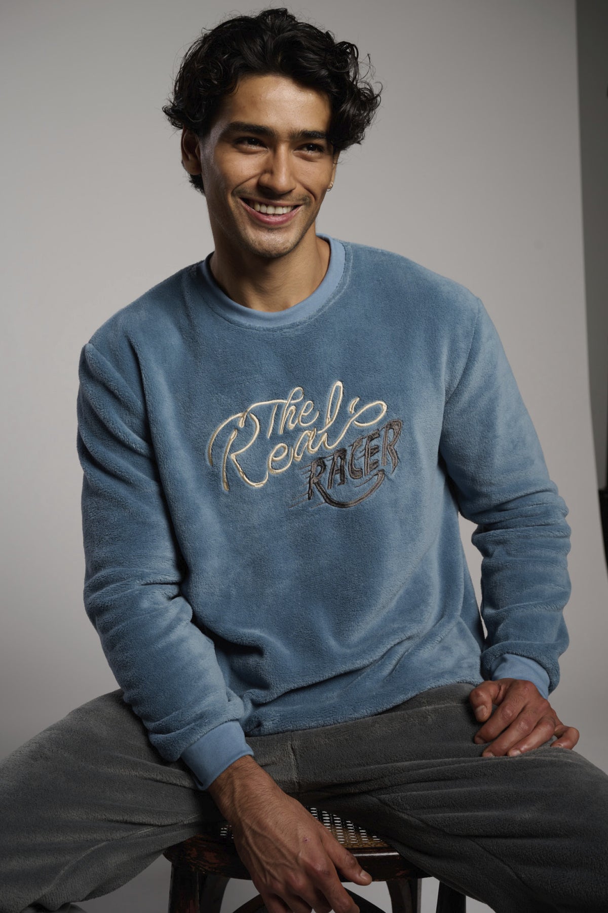Men's long blue and grey coral fleece The Real Racer pyjamas