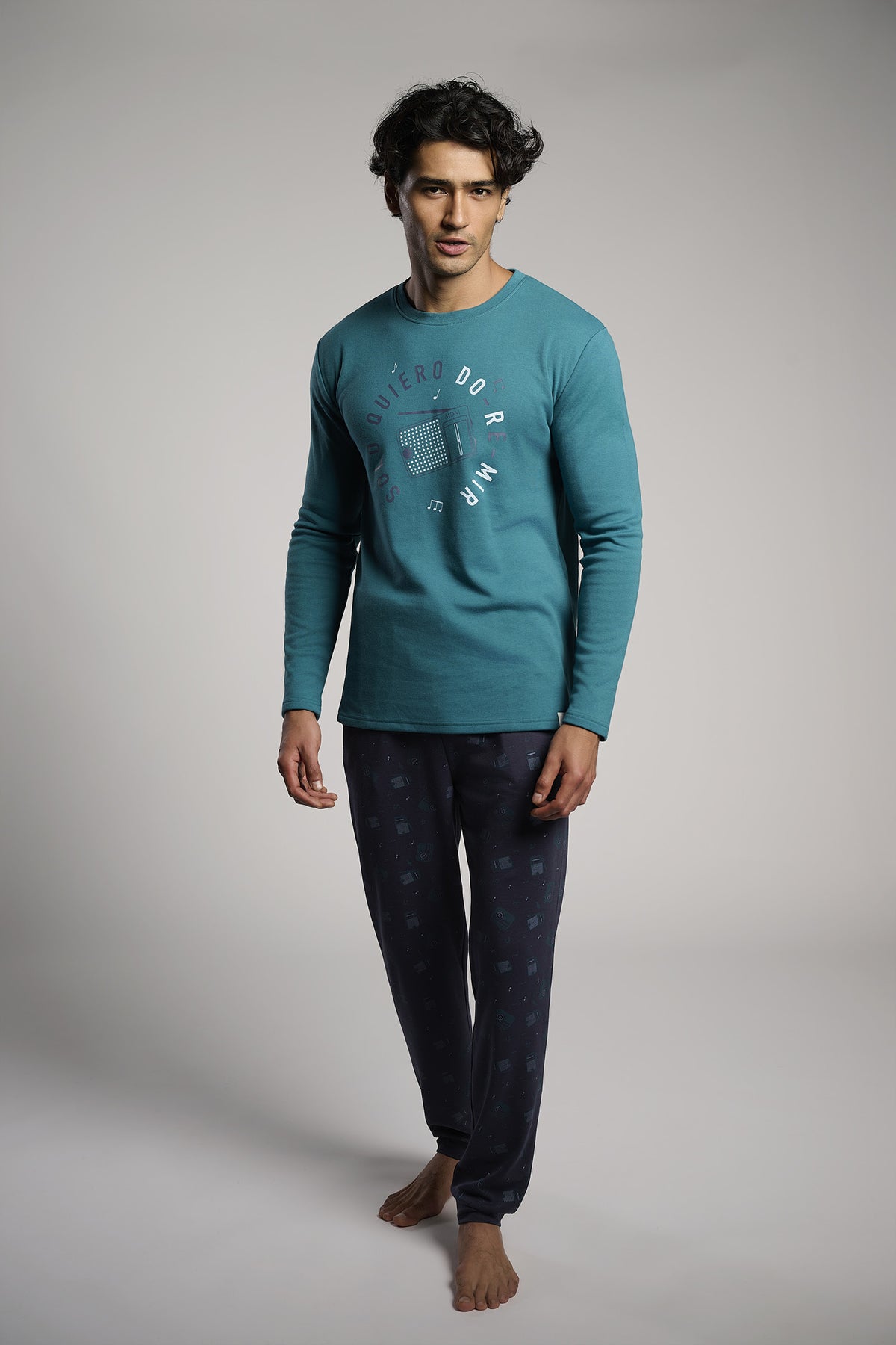 Men's long brushed radio-print pyjamas
