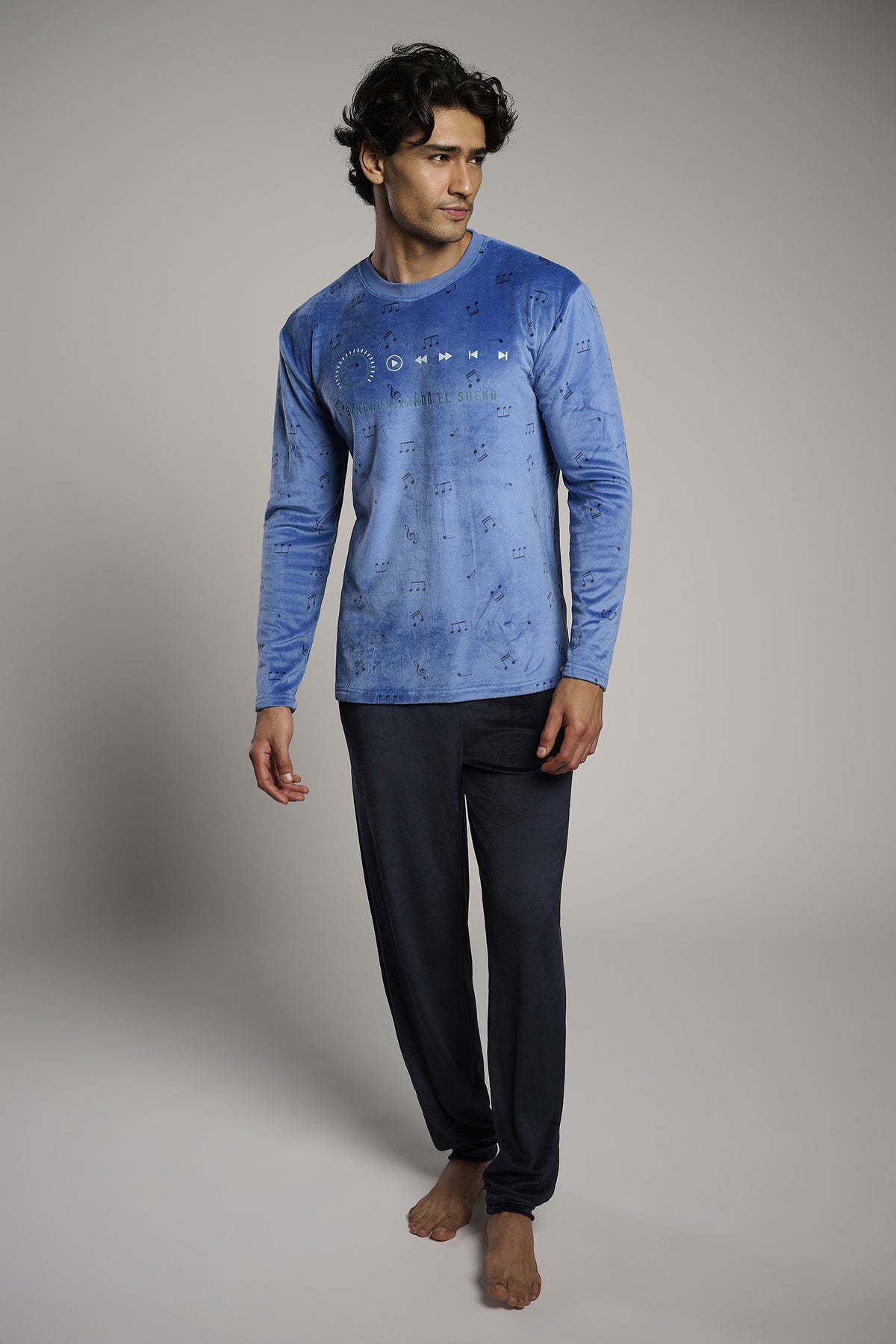 Men's long velvet musical-note print pyjamas