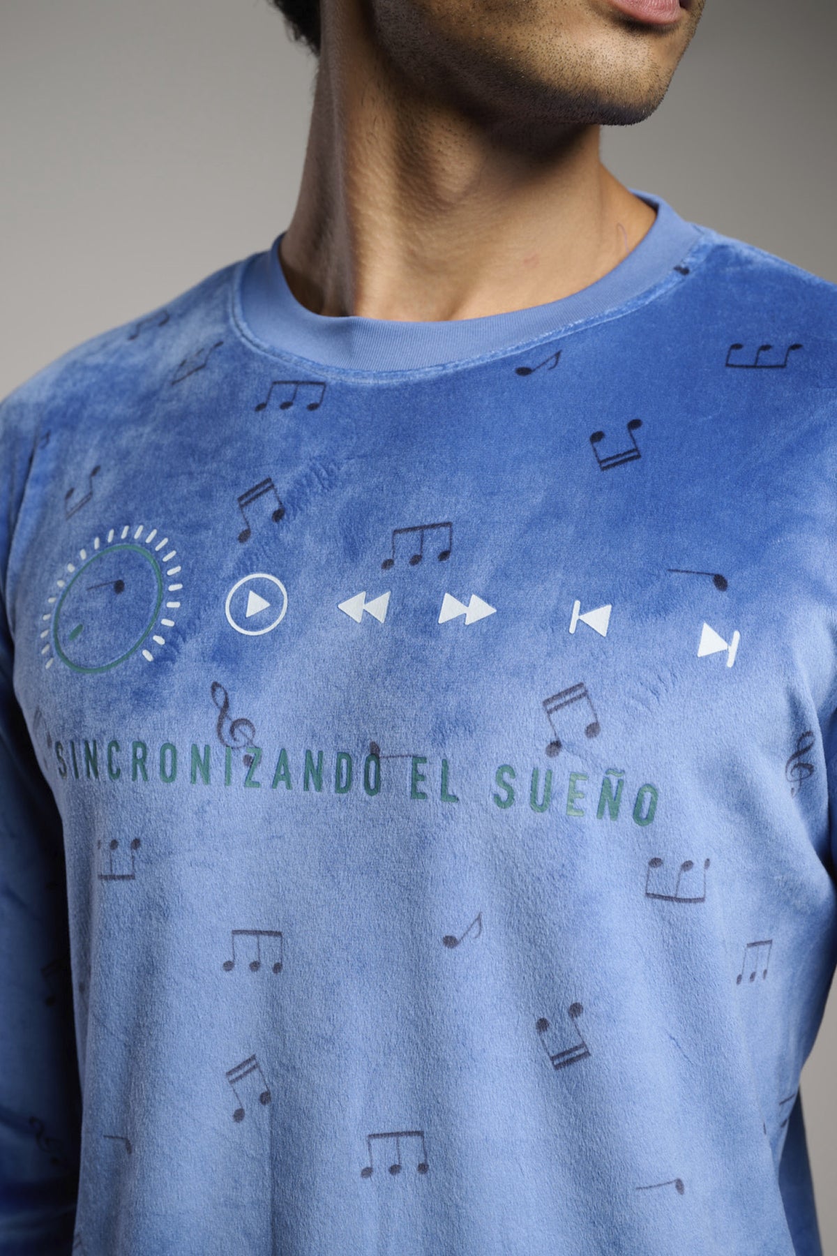 Men's long velvet musical-note print pyjamas