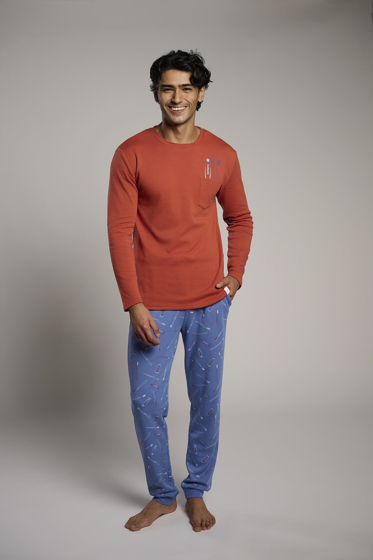 Men's long brushed cutlery-print pyjamas