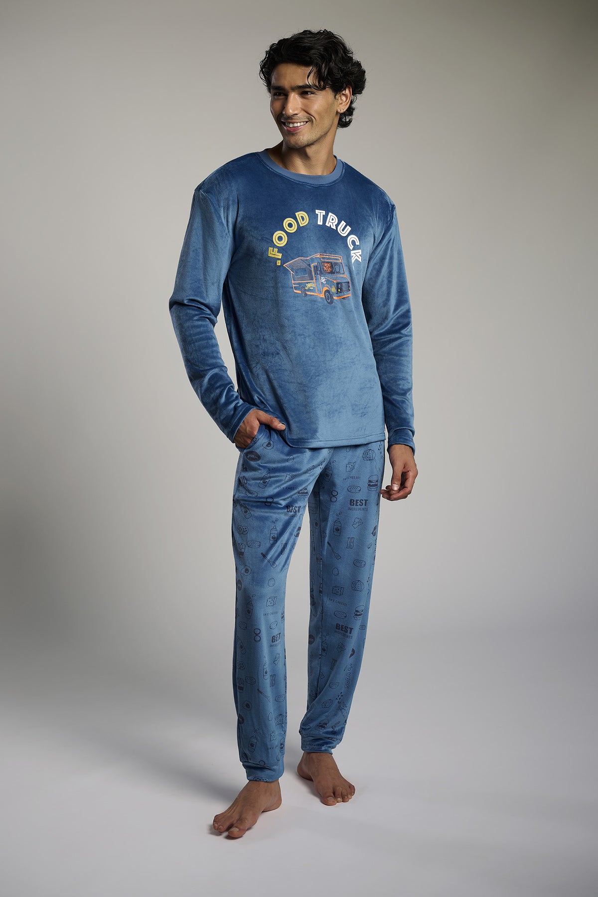Men's long velvet Food Truck printed pyjamas