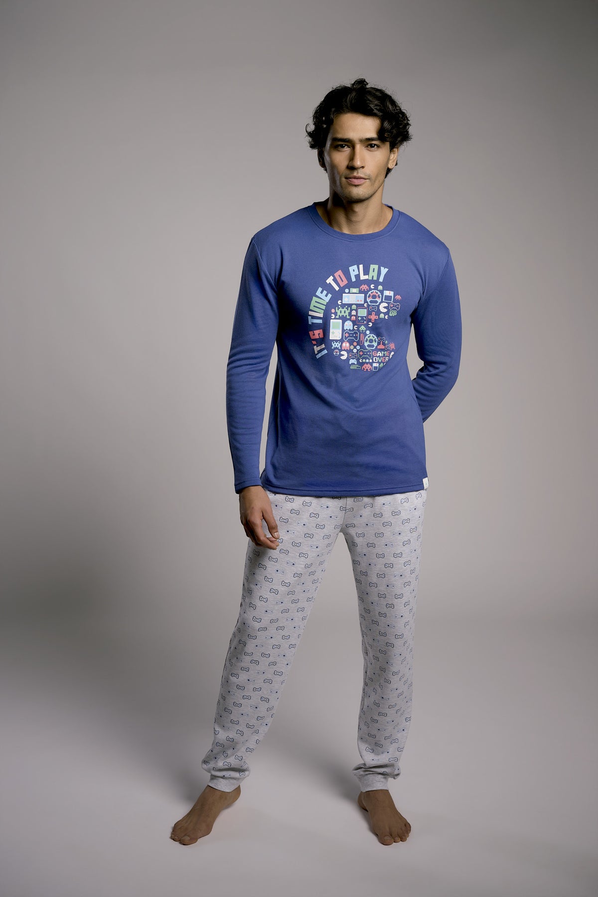 Men's long brushed gamer-print pyjamas