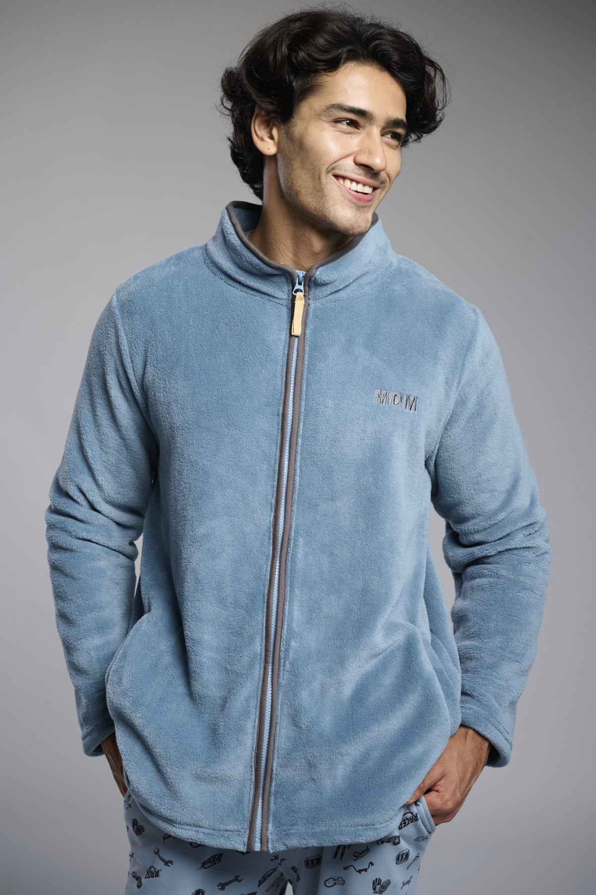 Men's short blue coral fleece robe with zip