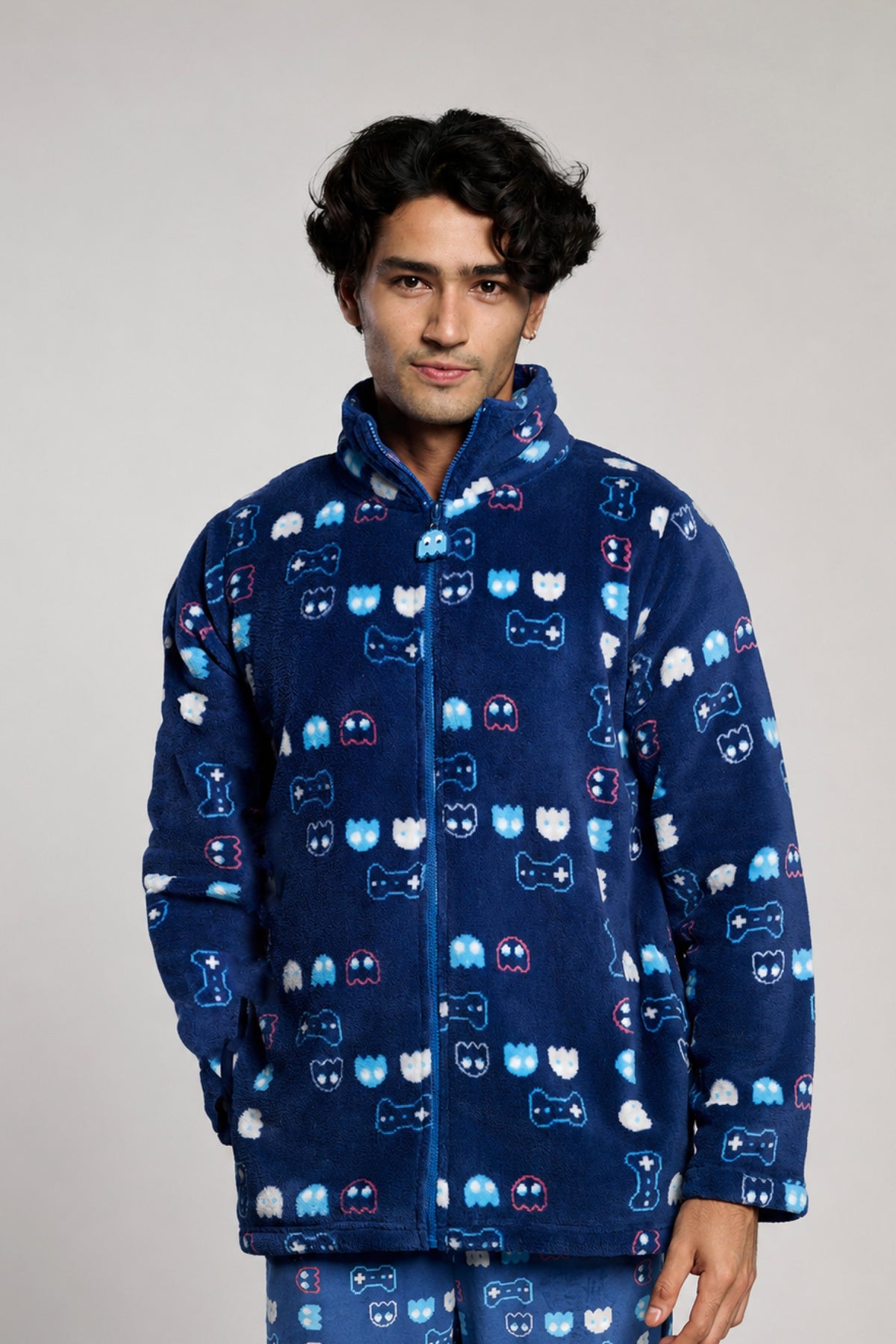 Men's short gamer-print coral fleece robe
