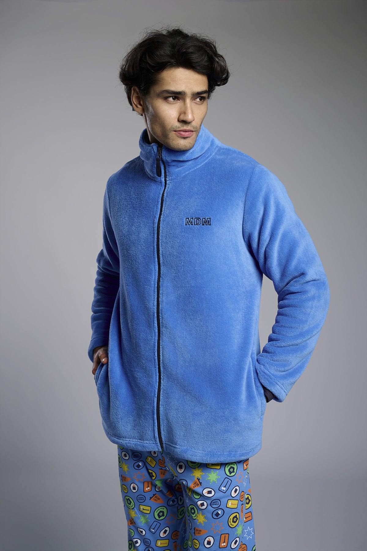 Men's short blue coral fleece robe with embroidered detail