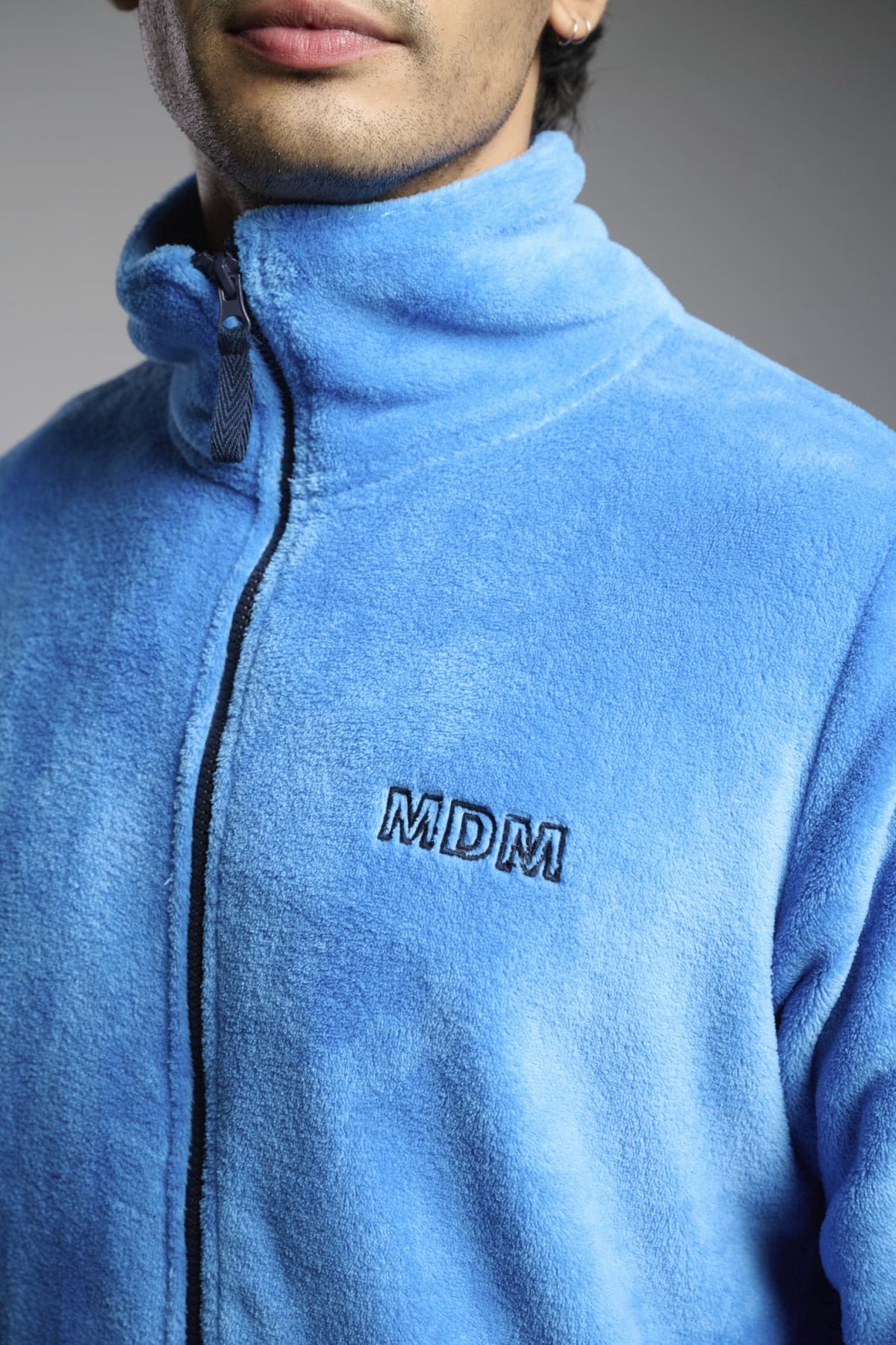 Men's short blue coral fleece robe with embroidered detail