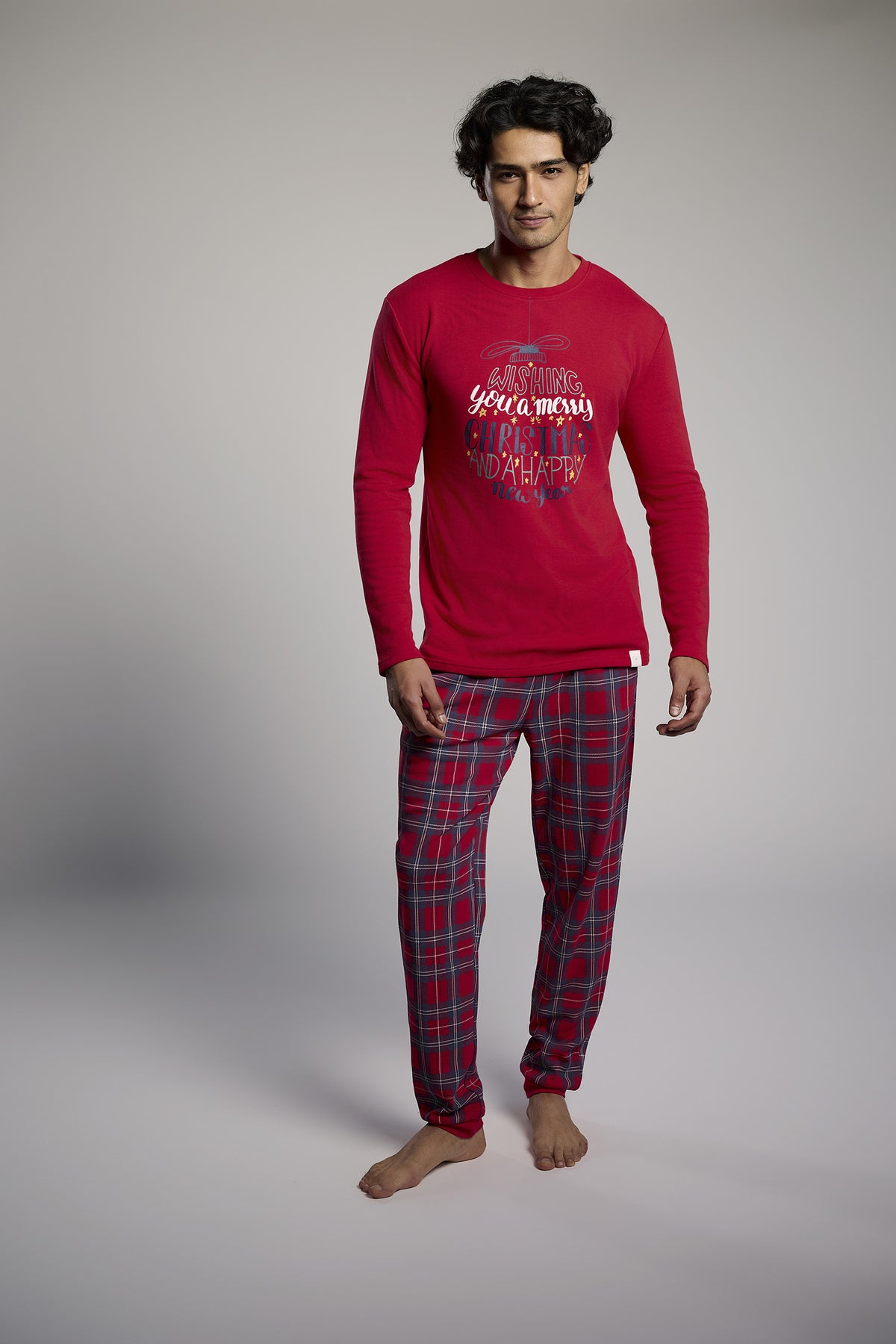 Men's long brushed Christmas-print Wishing you a Merry Christmas and a Happy New Year pyjamas