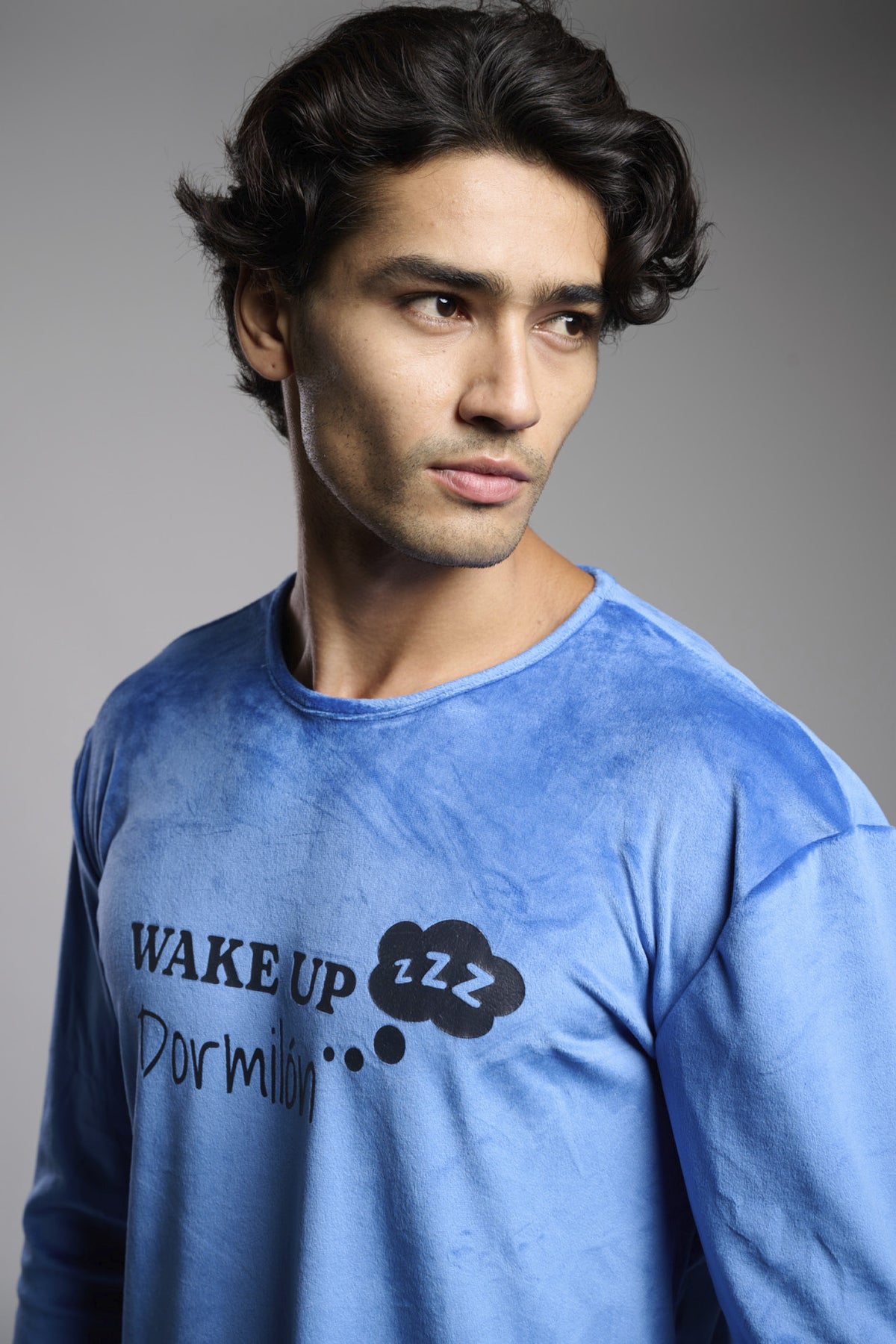 Men's long velvet Wake Up sleepyhead printed pyjamas