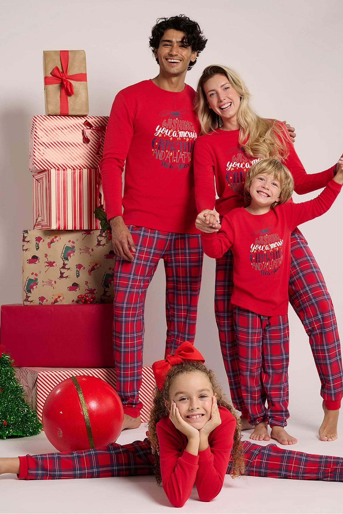 Unisex children's long brushed checked Christmas pyjamas