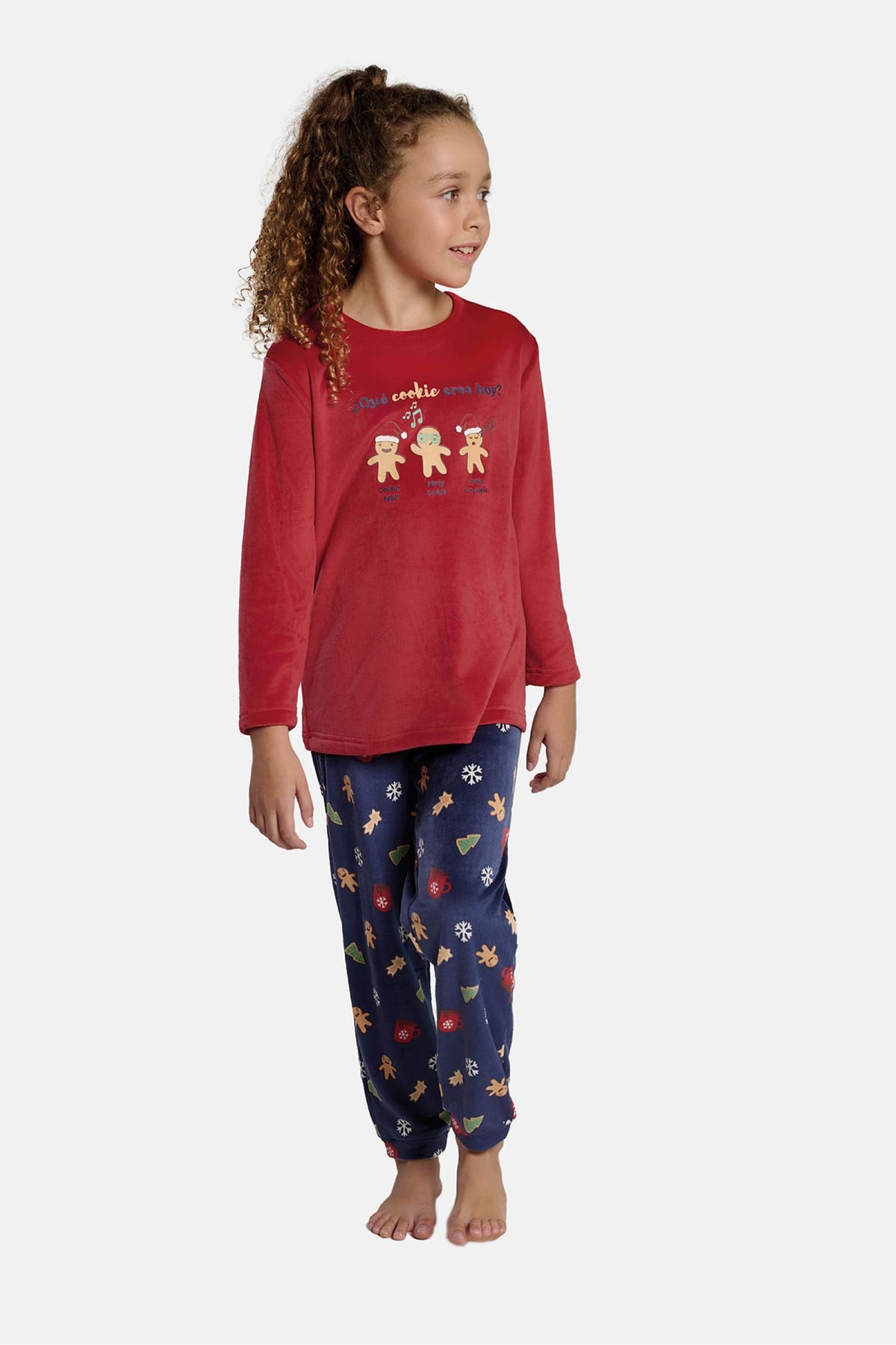 Unisex children's long velvet Christmas gingerbread-print pyjamas