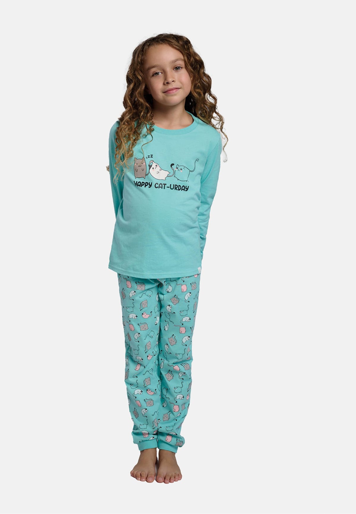 Girls' long cotton Happy cat-urday cat-print pyjamas