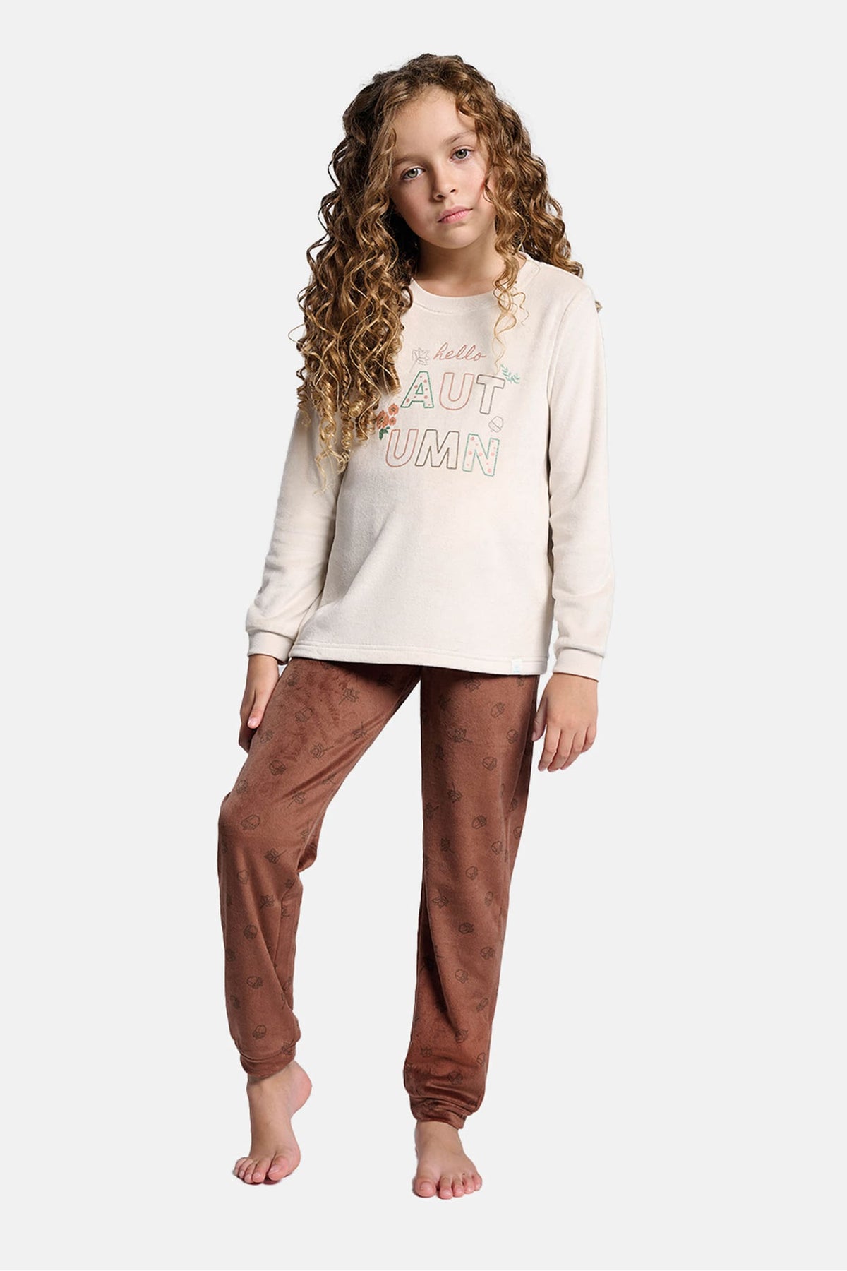 Girls' long velvet Hello Autumn acorn-print pyjamas