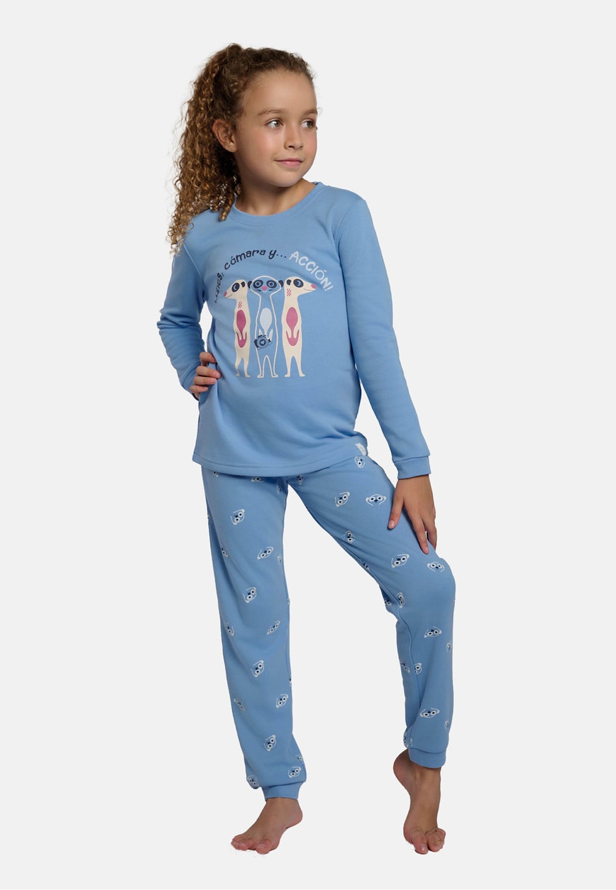 Girls' long brushed meerkat-print pyjamas