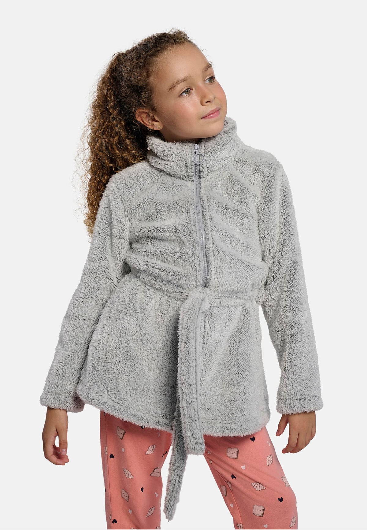 Girls' grey coral fleece robe with belt