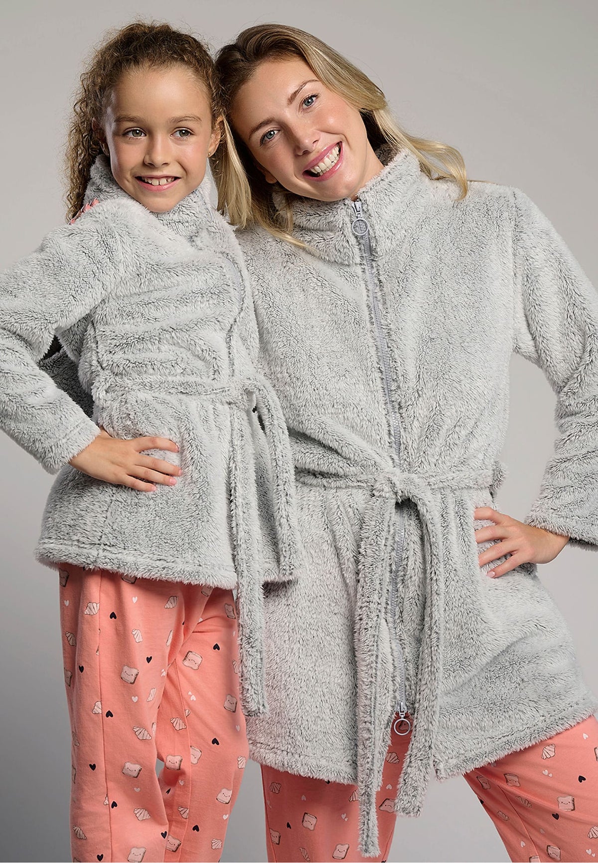 Girls' grey coral fleece robe with belt