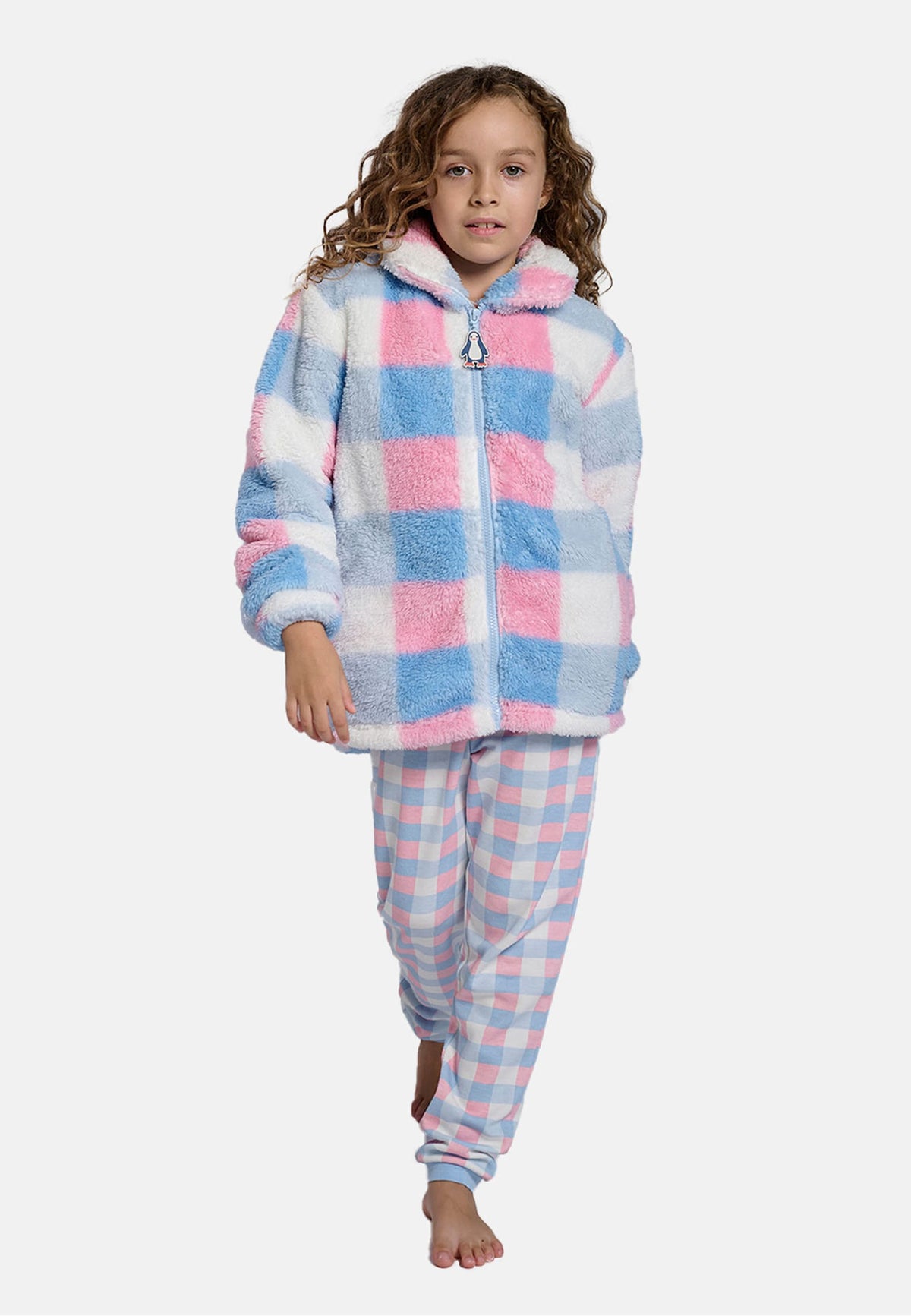 Girls' checked sherpa fleece robe with zip fastening