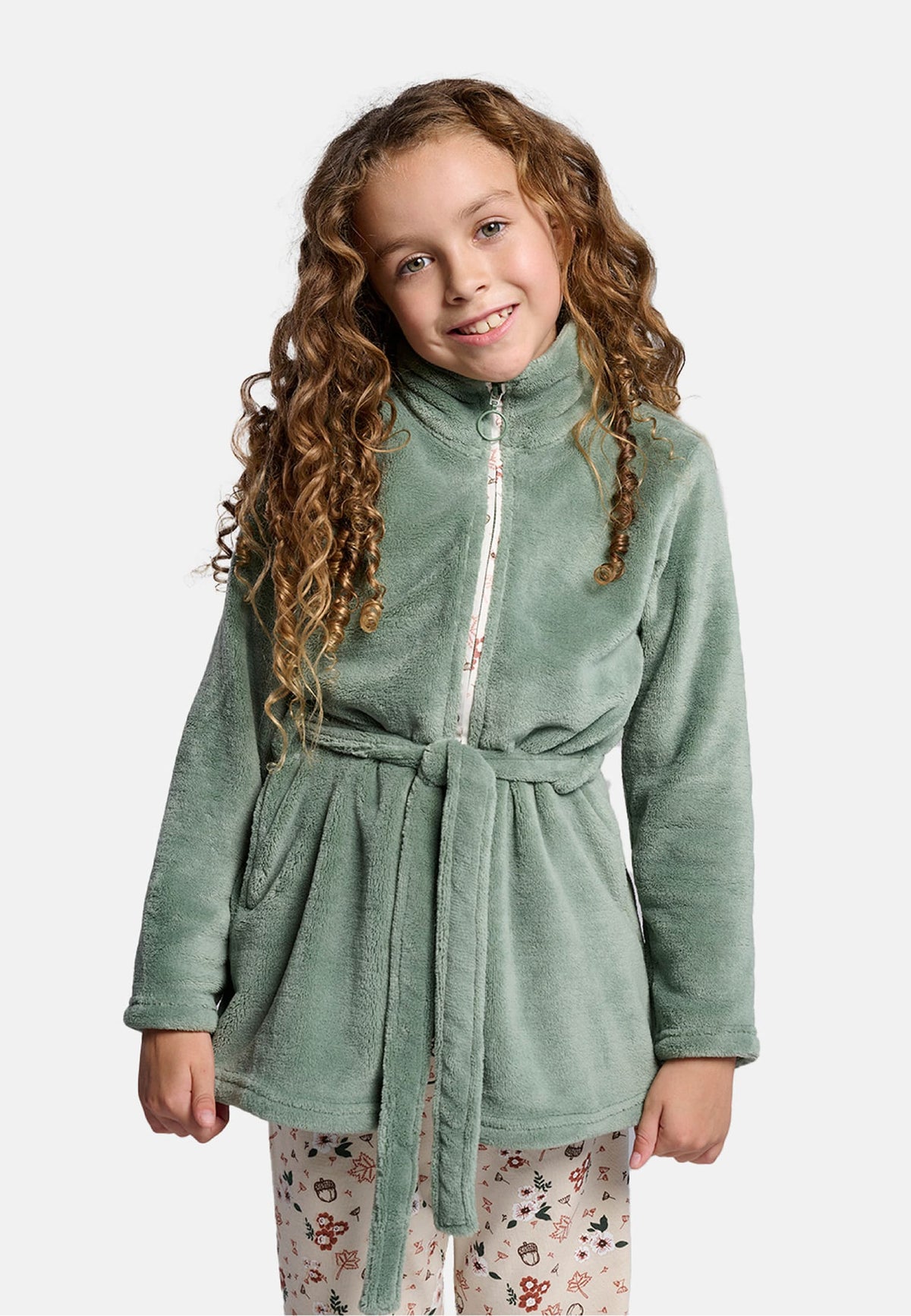 Girls' green coral fleece robe with belt fastening