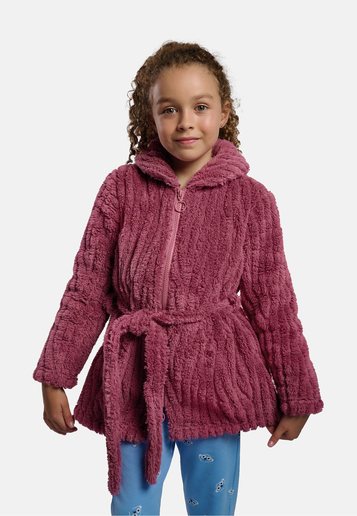 Girls' pink textured coral fleece robe with collar