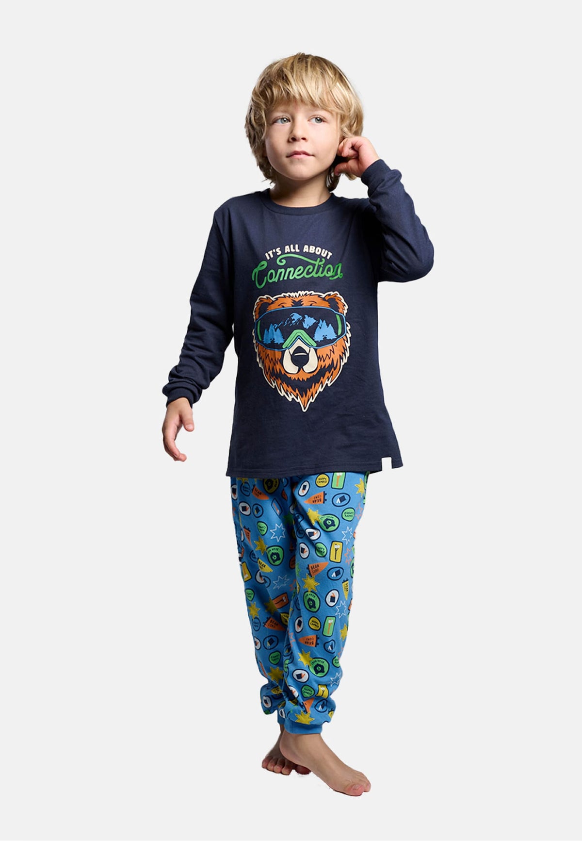 Boys' long cotton It's all about connection bear-print pyjamas