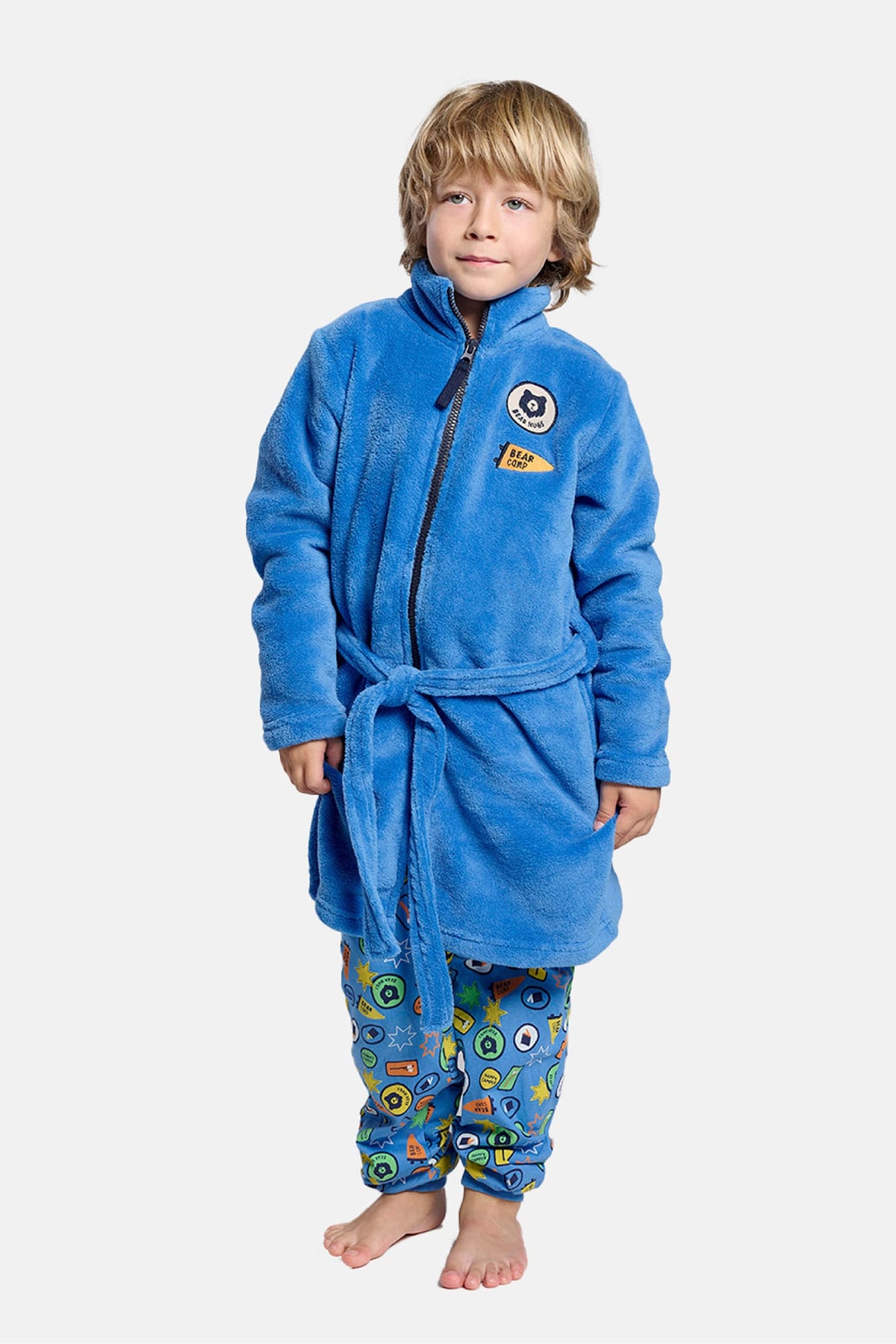 Boys' coral fleece robe with zip fastening and patch details