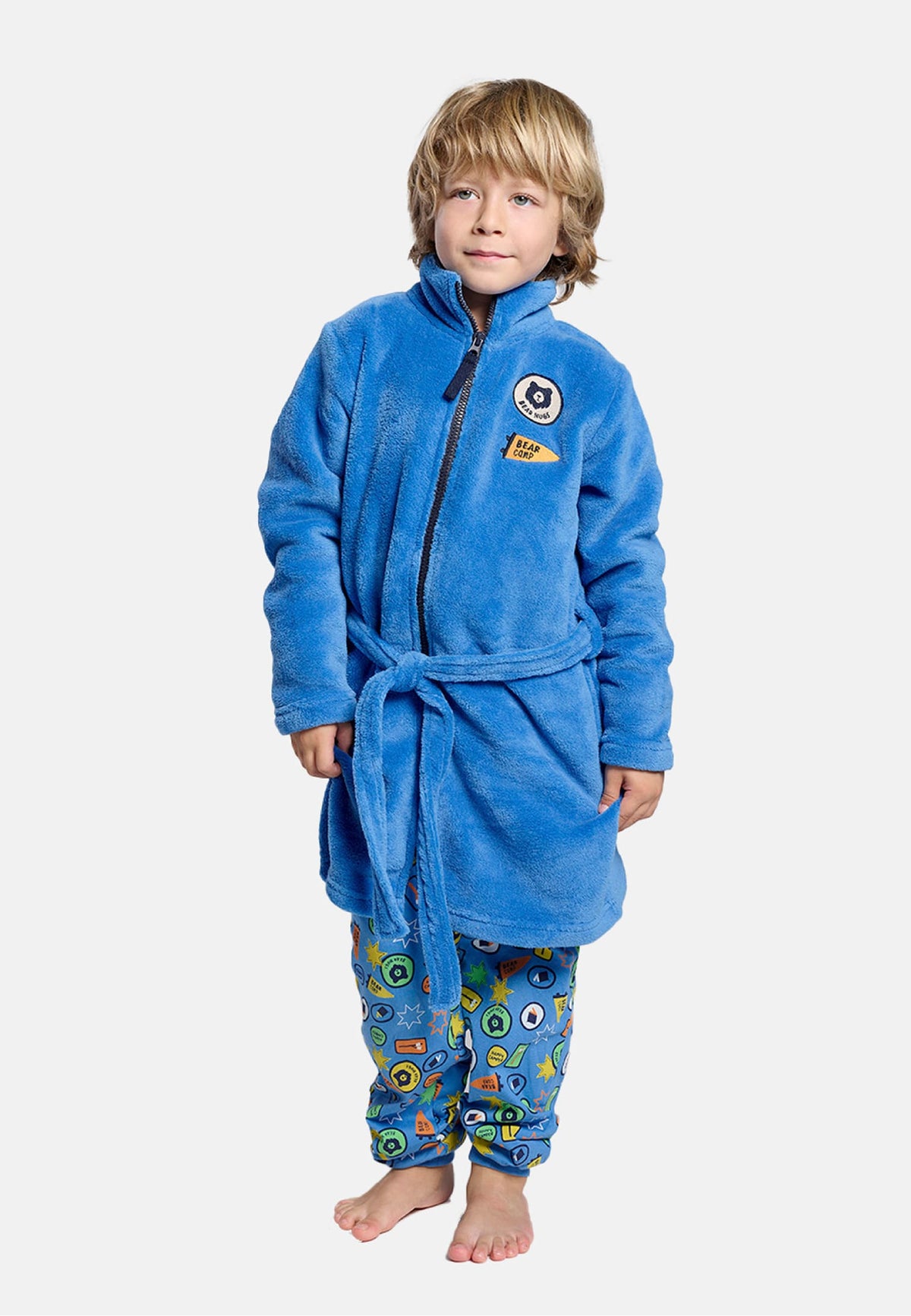 Boys' coral fleece robe with zip fastening and patch details
