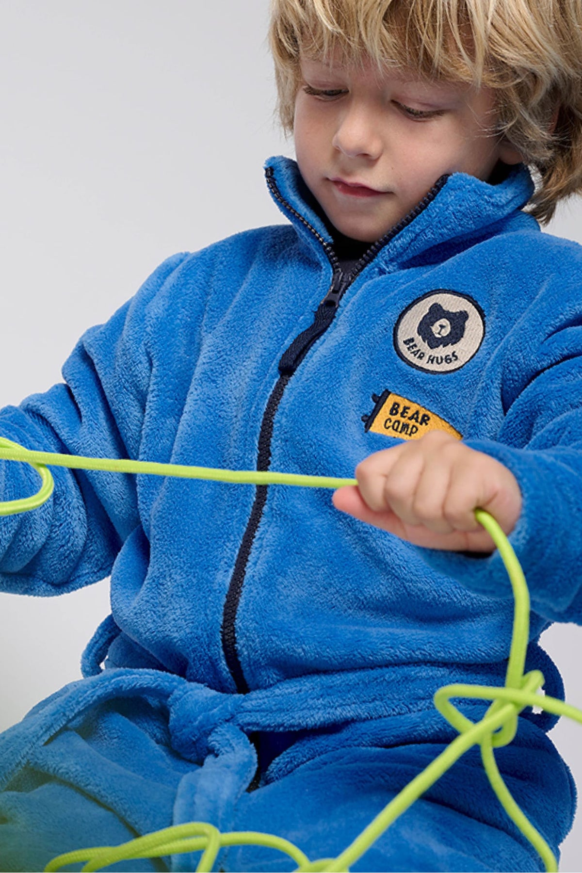 Boys' coral fleece robe with zip fastening and patch details