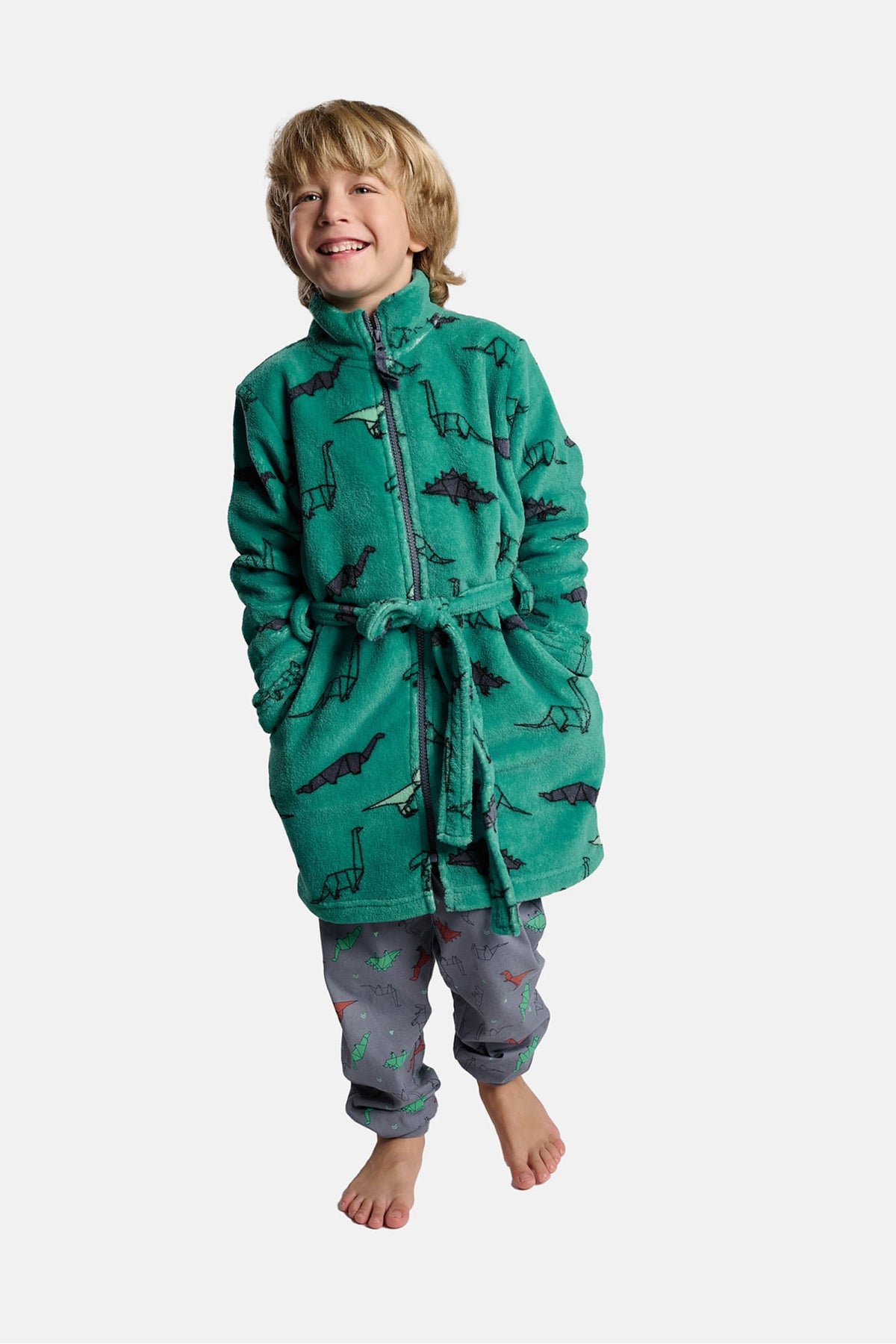 Boys' dinosaur-print coral fleece robe with zip fastening