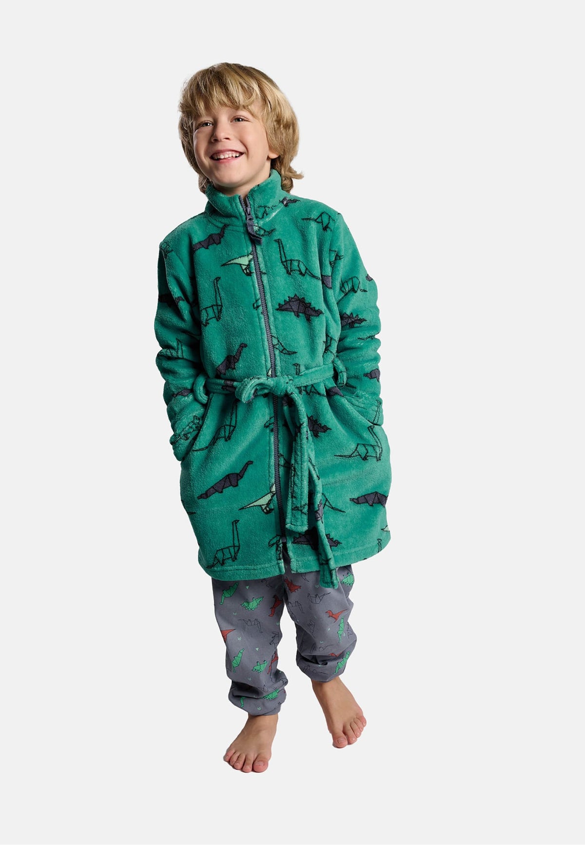 Boys' dinosaur-print coral fleece robe with zip fastening