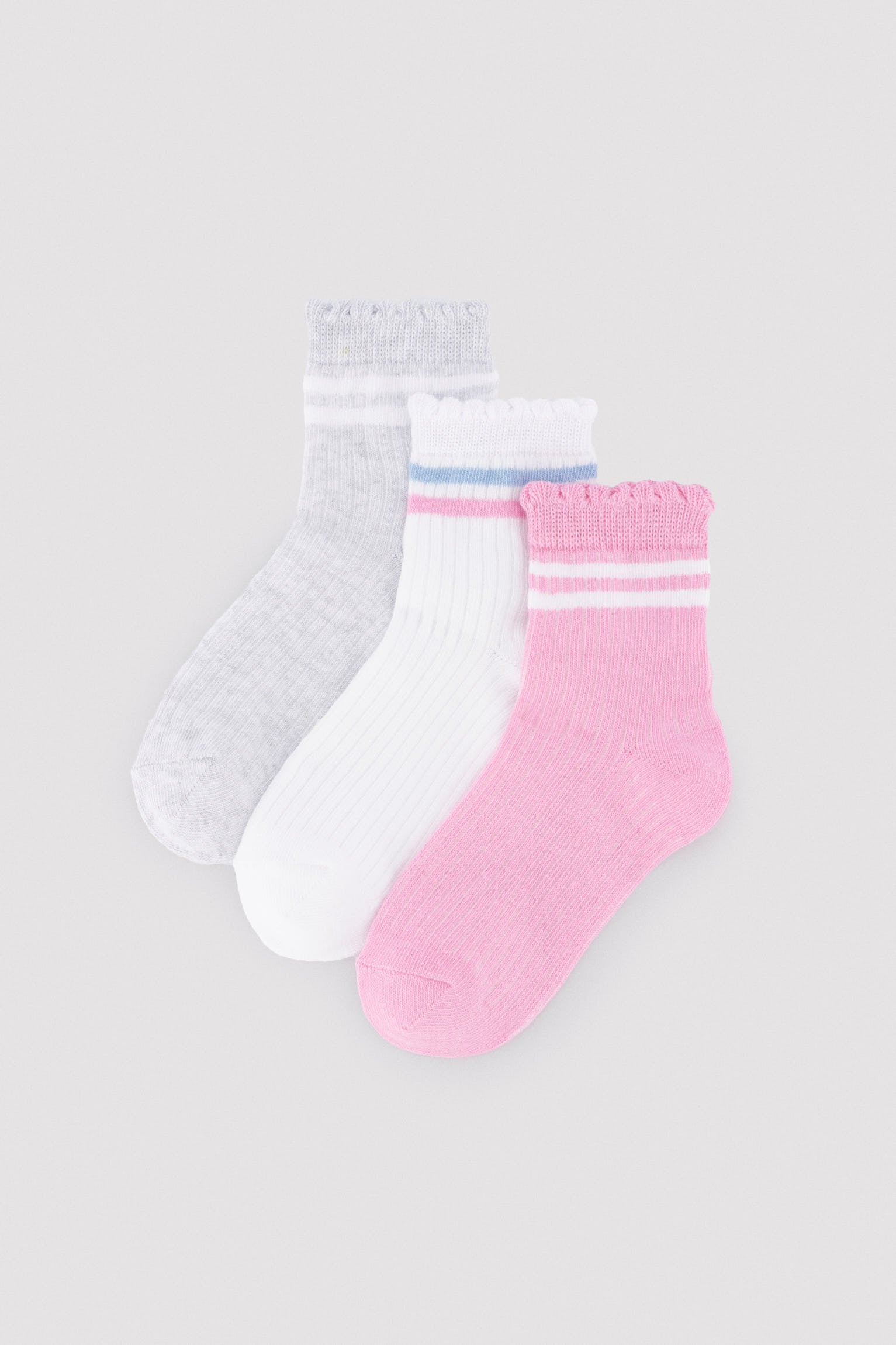 Pack of 3 short socks with curled cuff detail and contrasting stripes