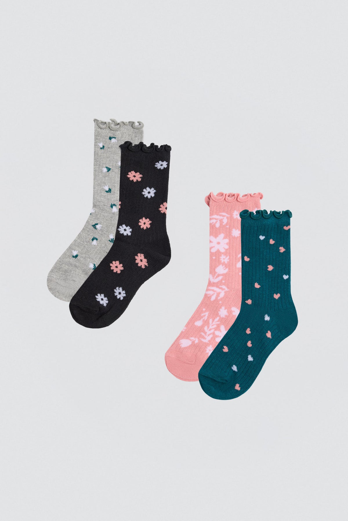 Pack of 4 girls' scalloped-cuff socks with floral print