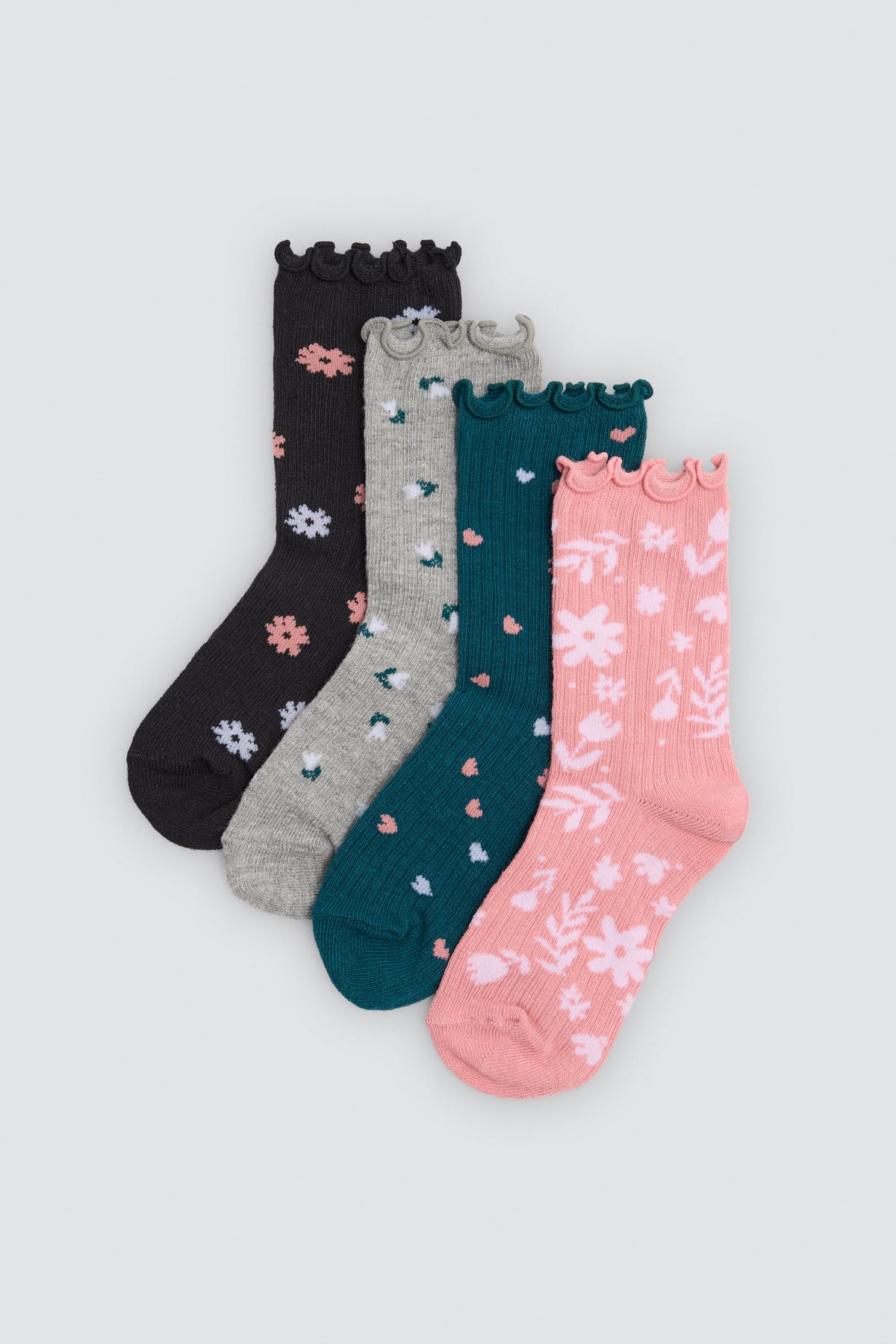 Pack of 4 girls' scalloped-cuff socks with floral print
