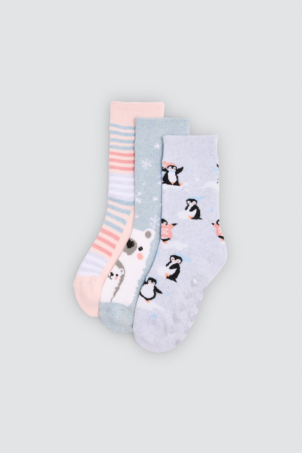 Pack of 3 girls' thermal non-slip socks with bear and penguin prints