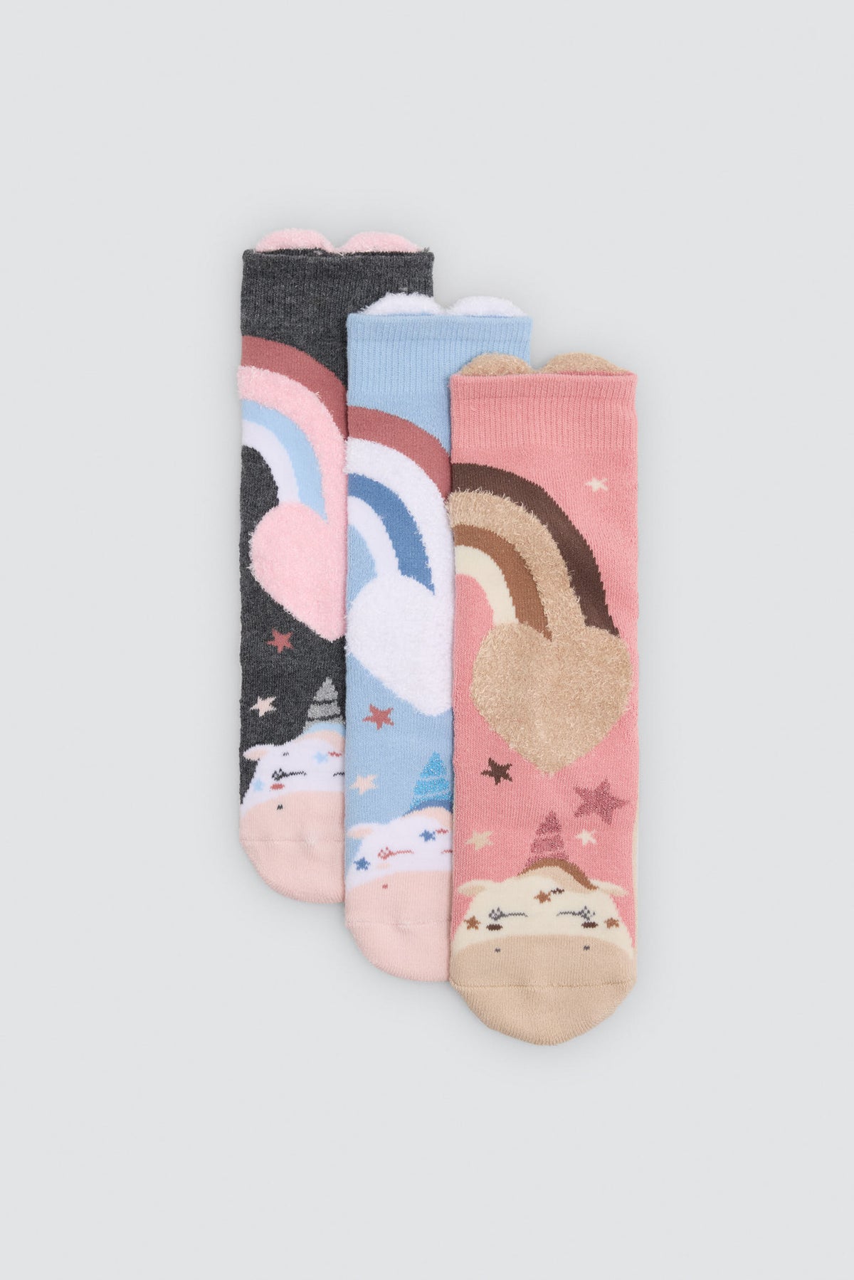 Pack of 3 girls' thermal non-slip socks with unicorn and rainbow prints