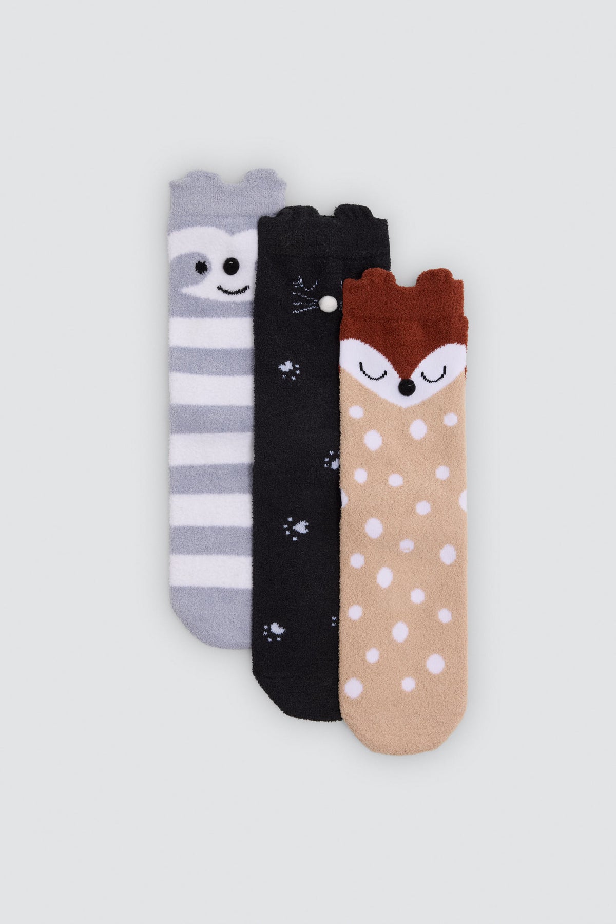 Pack of 3 girls' thermal non-slip socks with 3D animal-face details