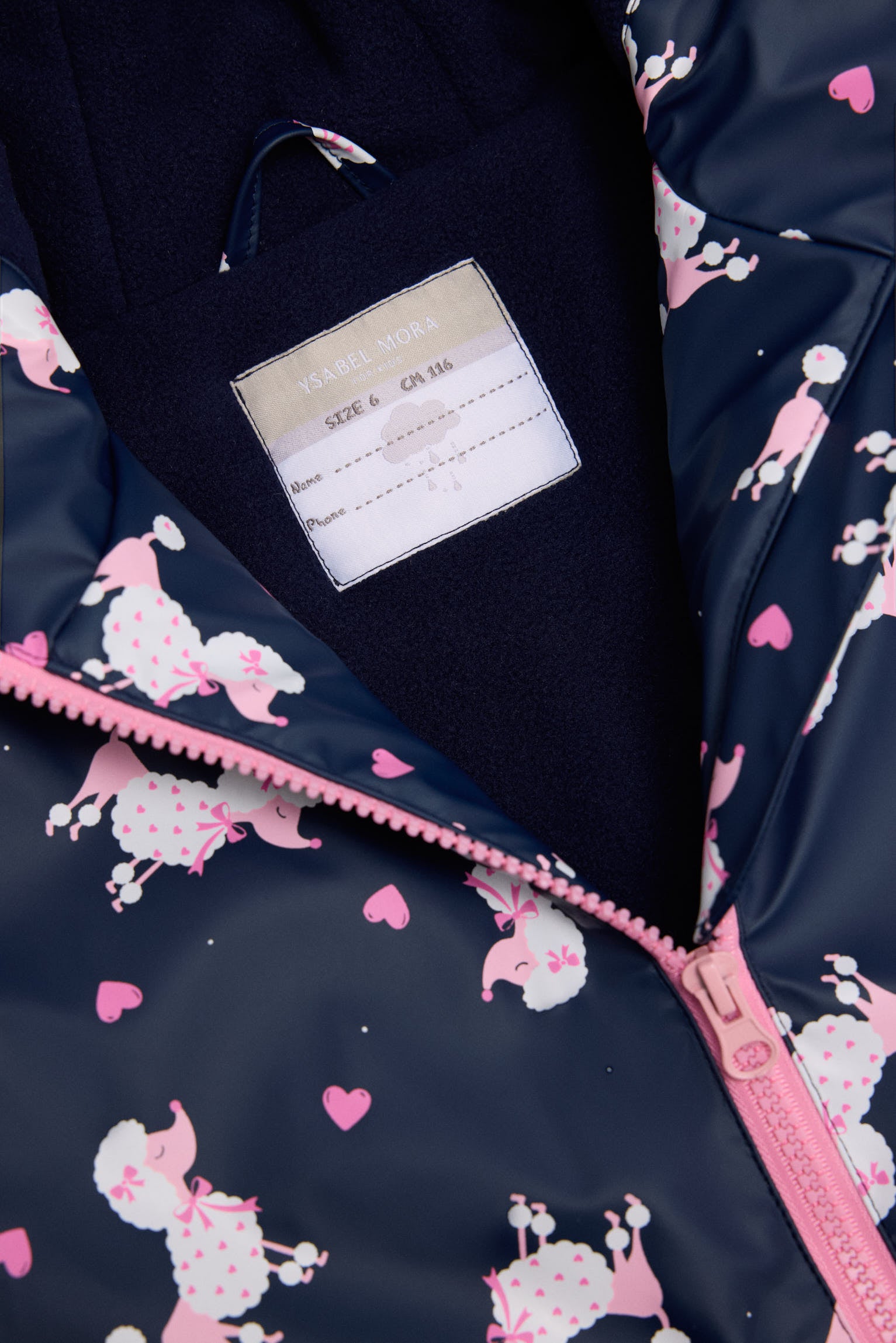 Girls' poodle-print raincoat with fleece lining