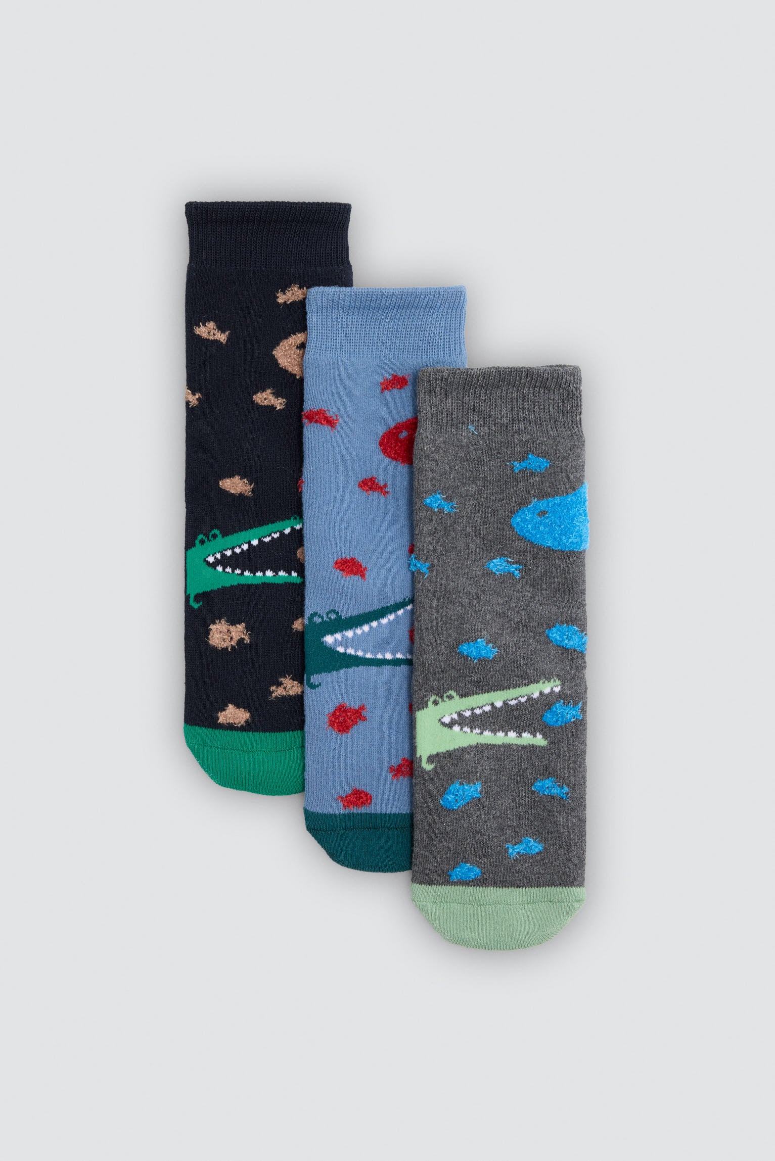 Pack of 3 boys' thermal non-slip socks with crocodile and shark prints