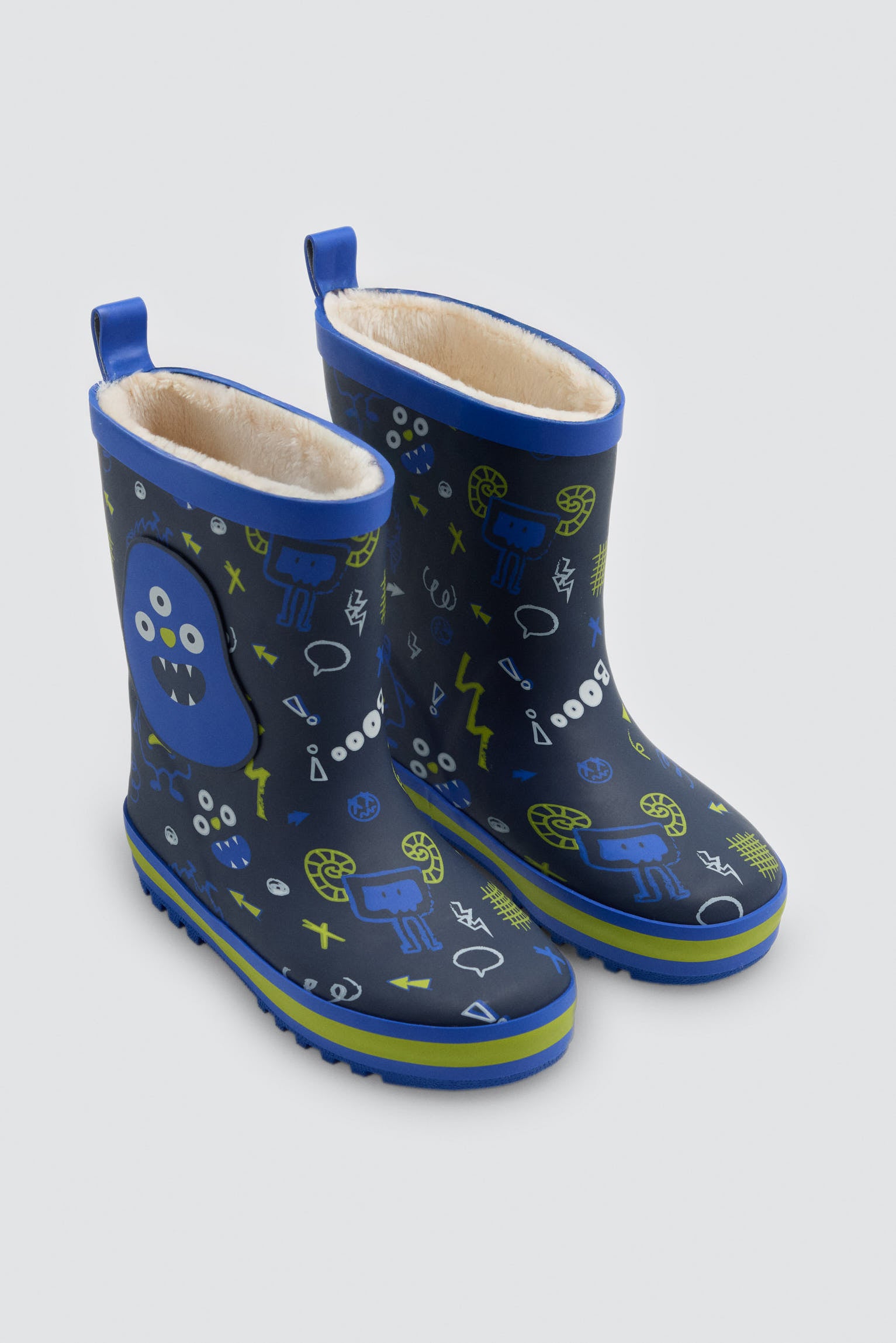 PRE-ORDER Boys' monster-print wellington boots with sherpa lining