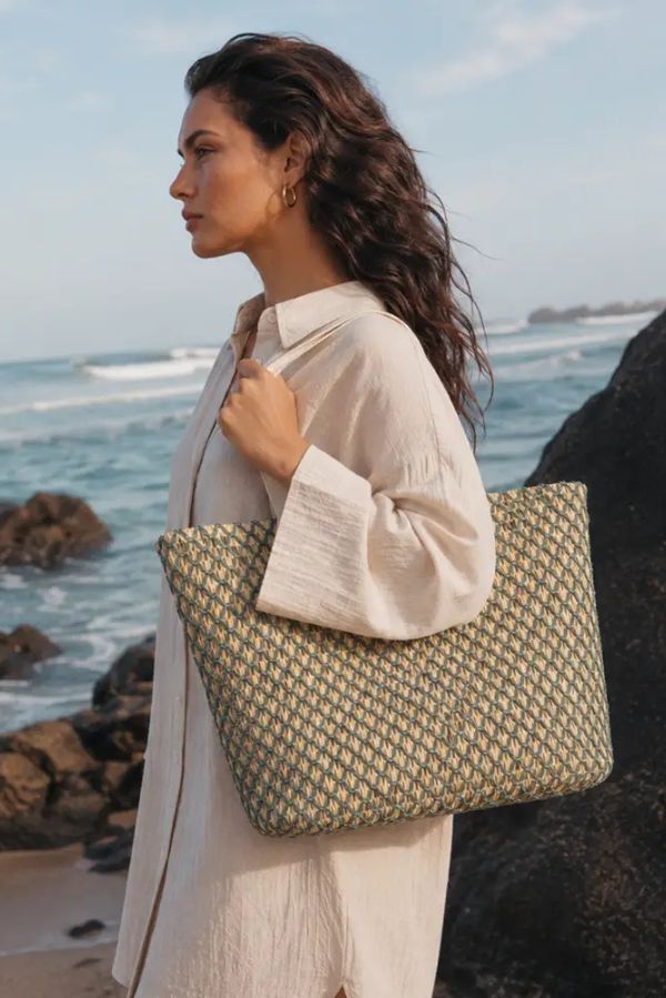Beige and green raffia beach bag