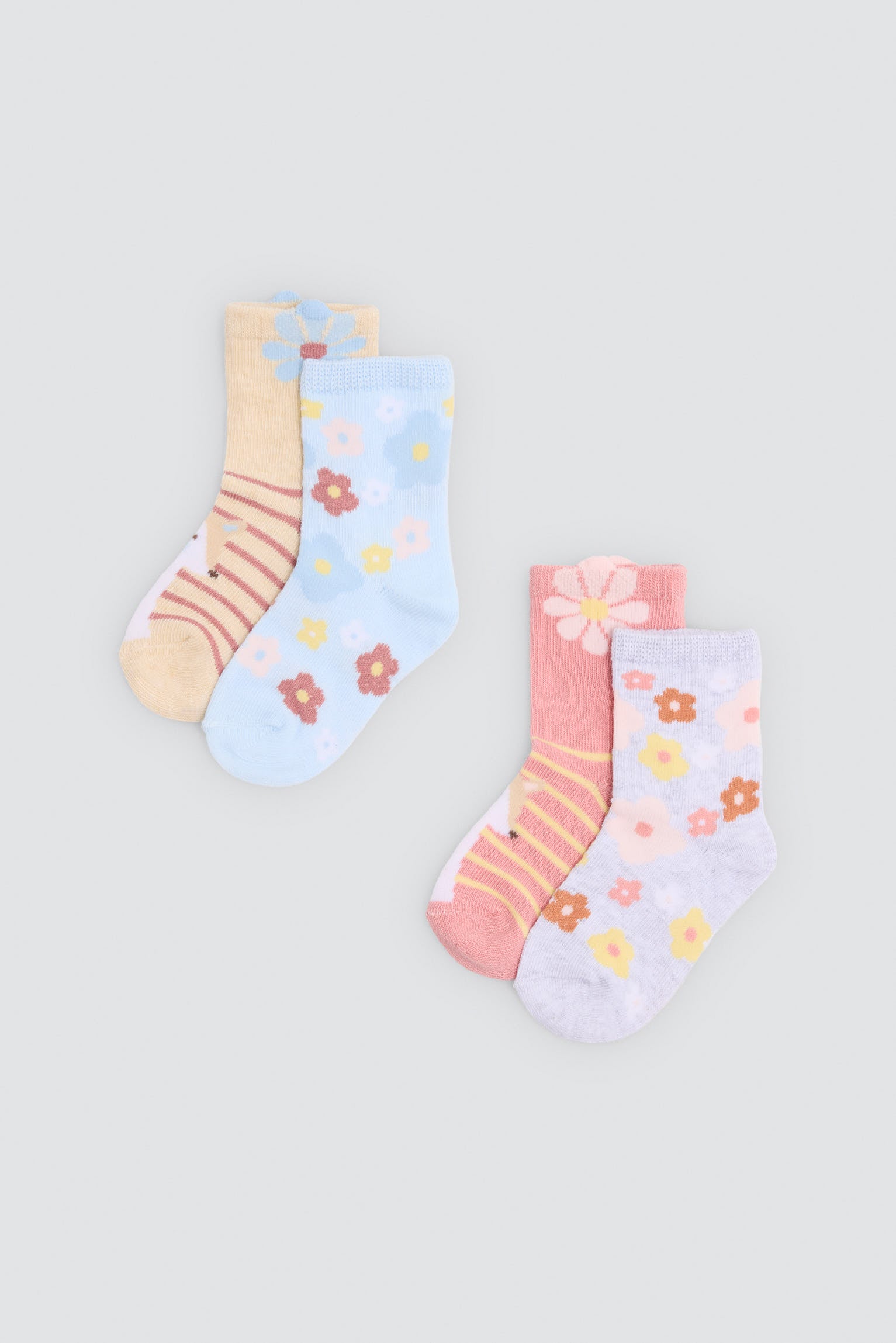 Pack of 4 baby socks with floral and fox prints
