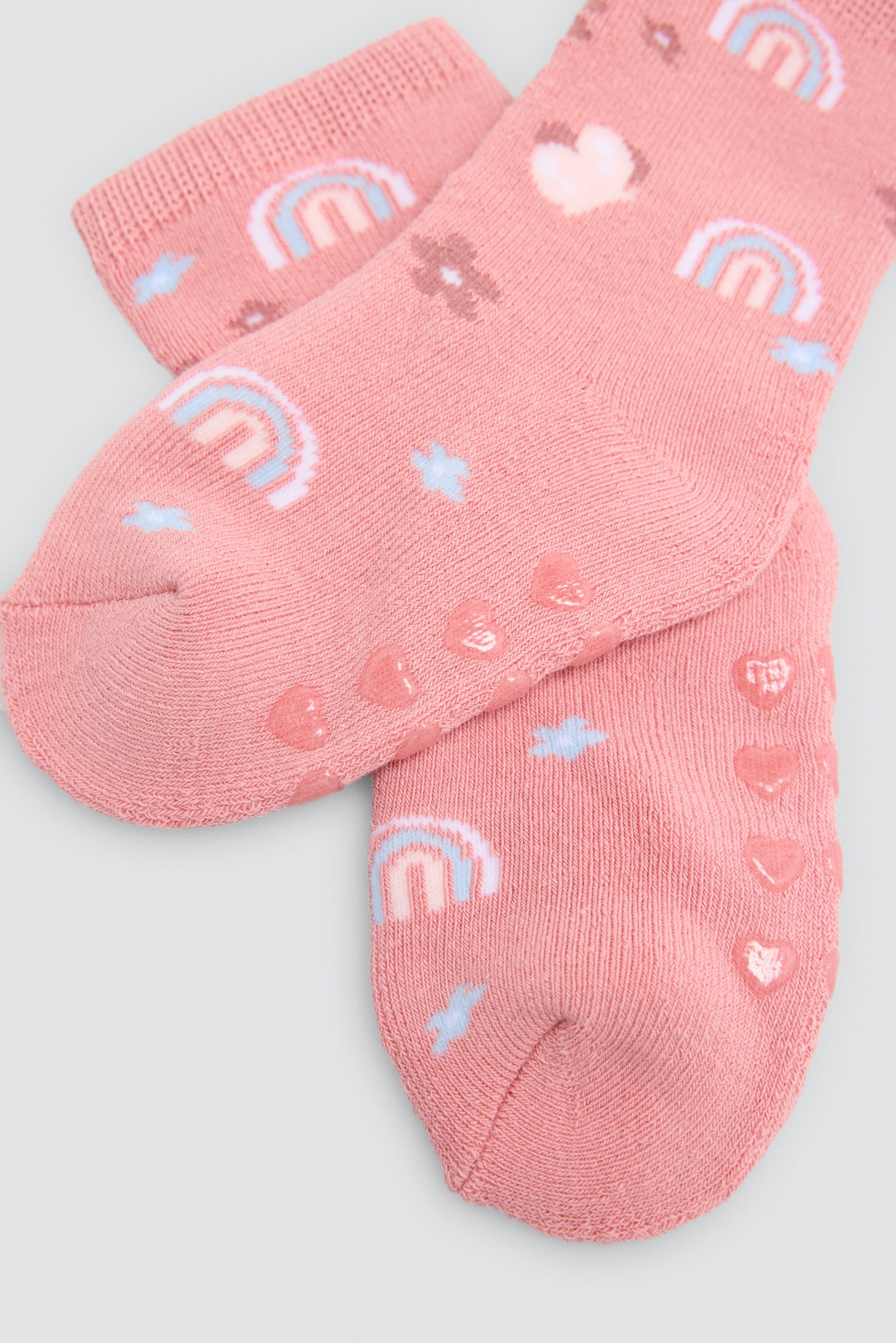 Pack of 2 baby thermal non-slip socks with cat and rainbow prints